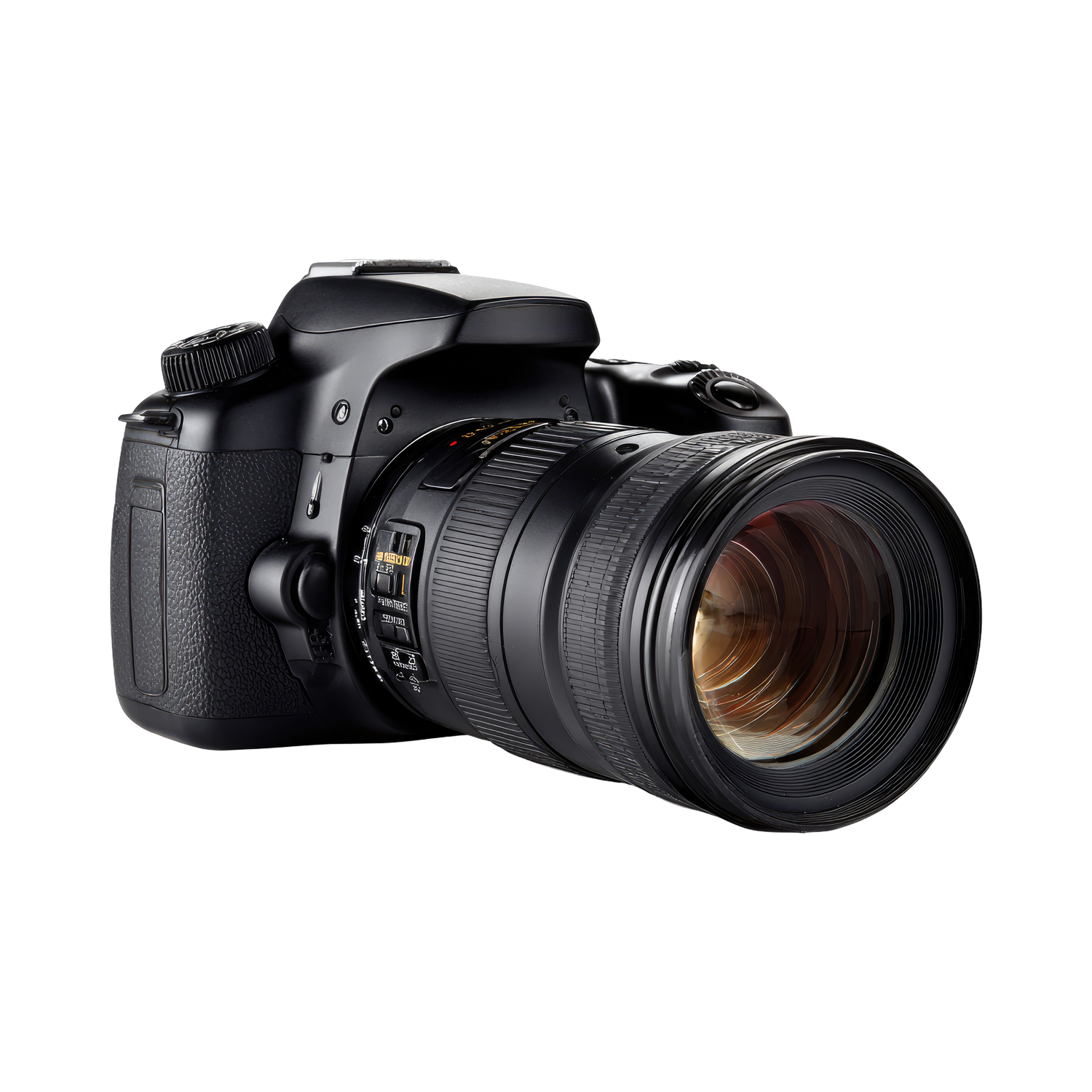 Black DSLR camera with large telephoto zoom lens, isolated on white background.