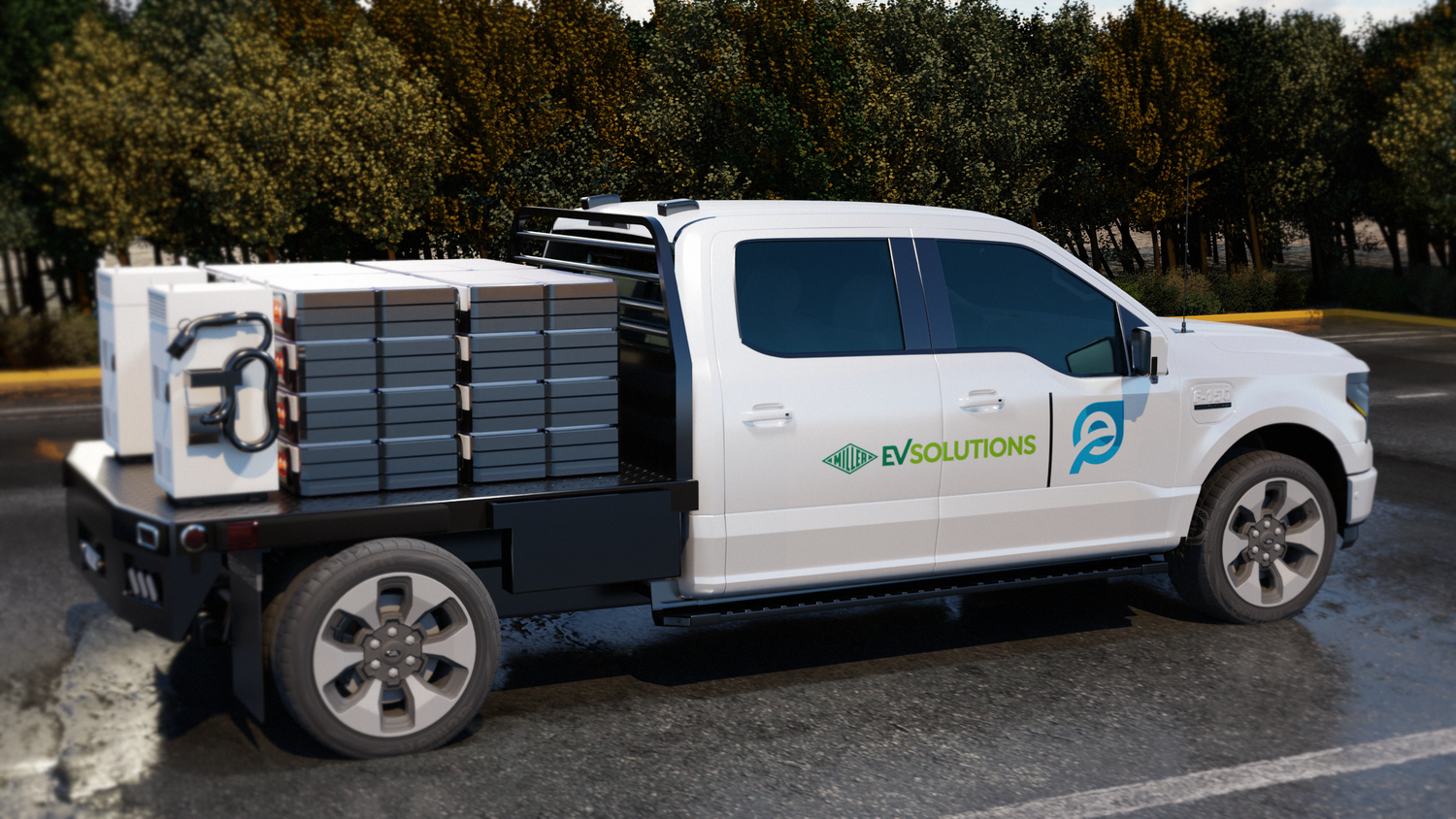 White pickup truck with service equipment and company logos parked on asphalt with trees in background.