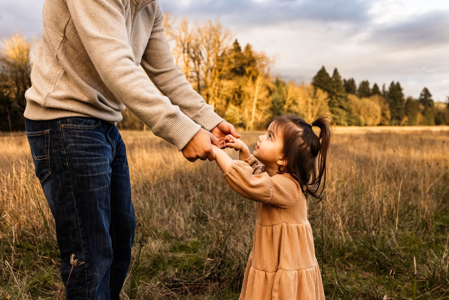 Young girl in pink dress holds adult's hand in golden field, sharing a joyful moment at sunset.
