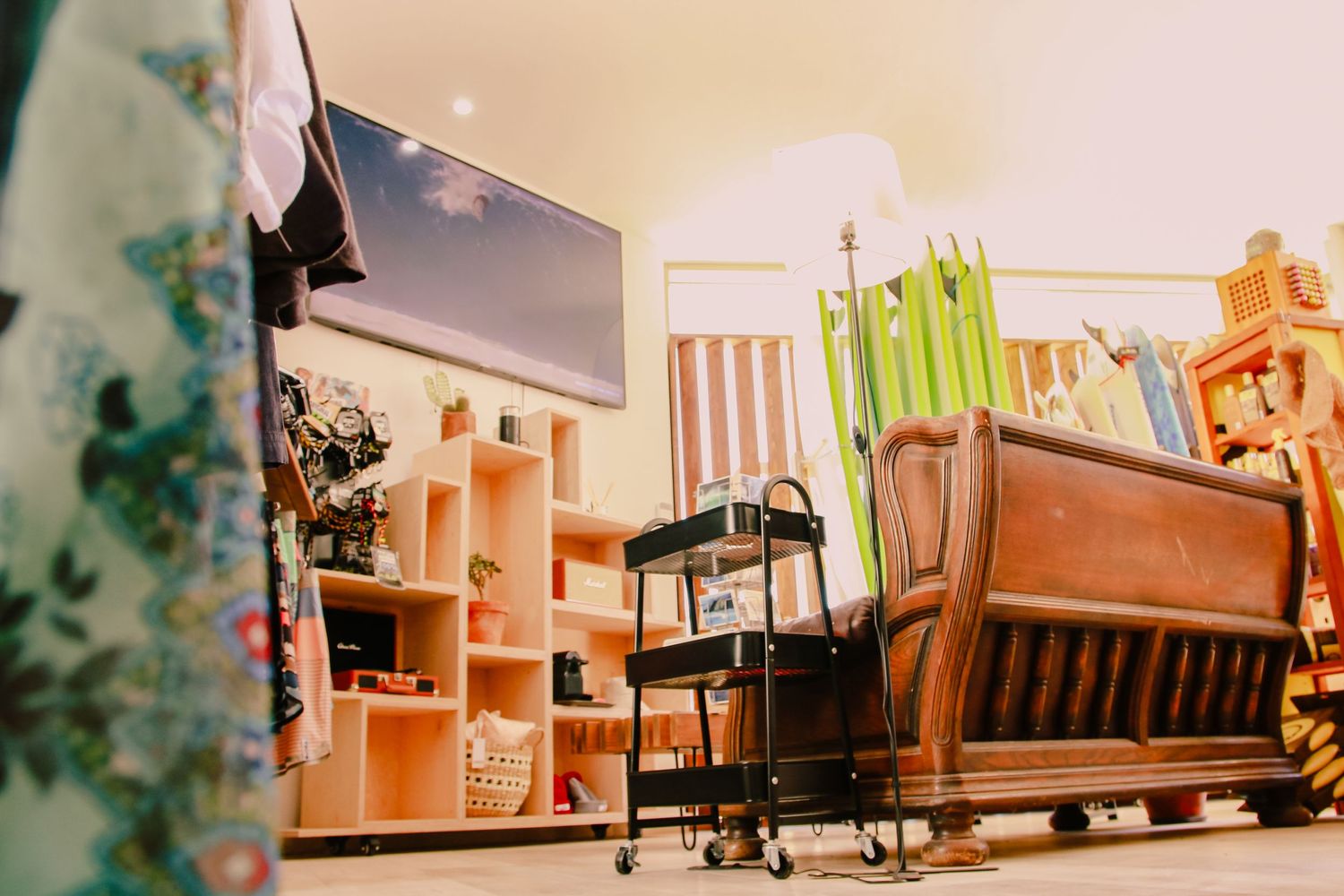 Cozy living room interior with wooden shelves, plants and vintage furniture.
