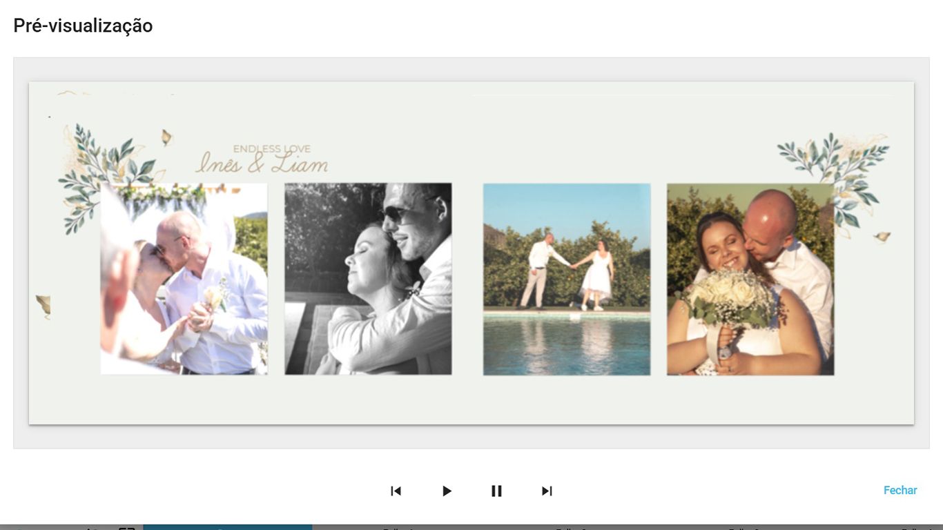 Wedding photo gallery wall display showing four framed photographs with decorative floral elements in a romantic design.
