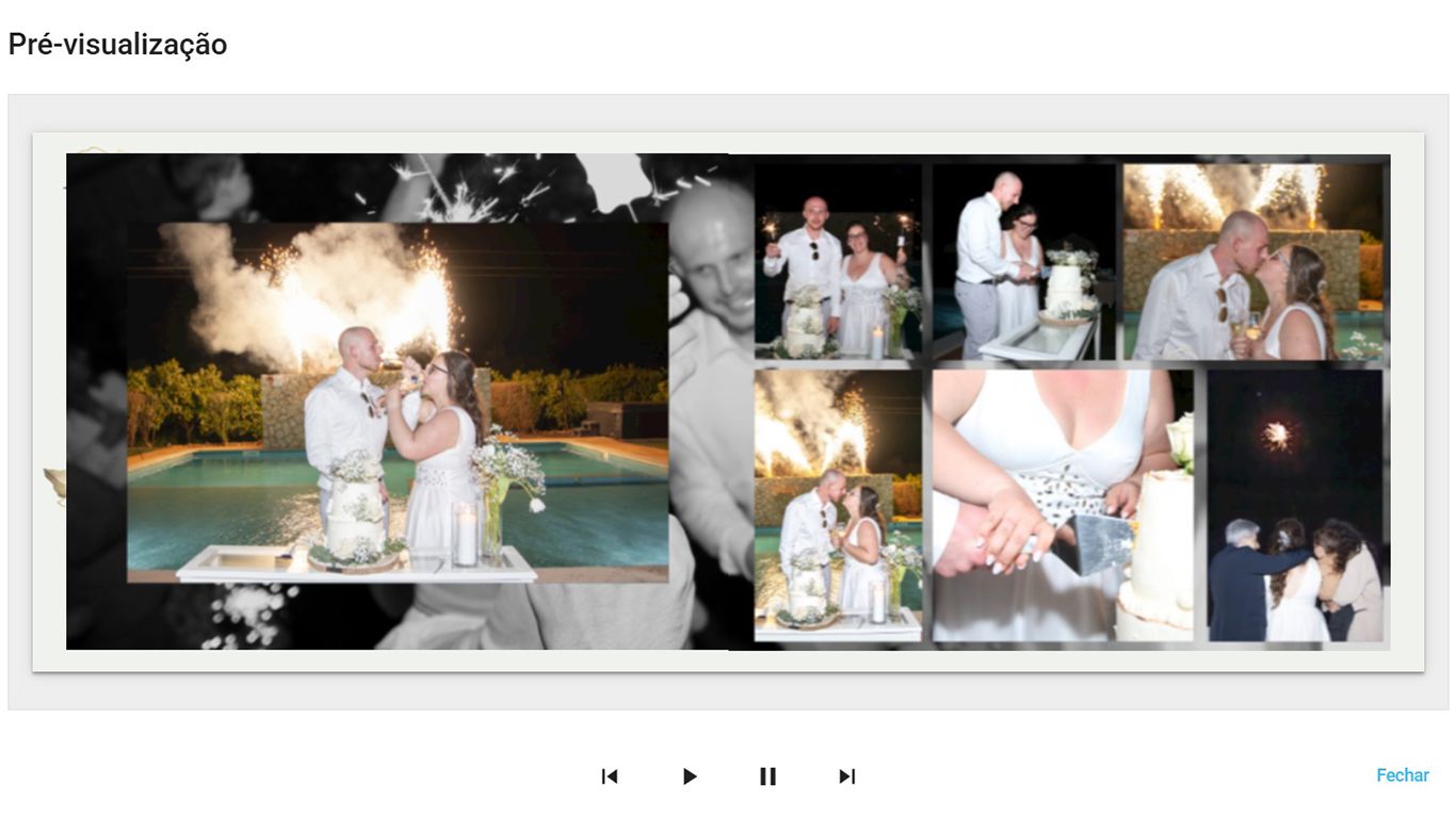 Wedding photo album spread featuring nighttime and poolside celebration moments.