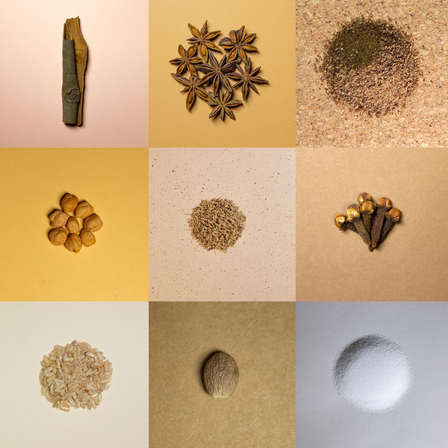 Collection of various spices, seeds, and dry ingredients arranged in a grid pattern on neutral backgrounds.