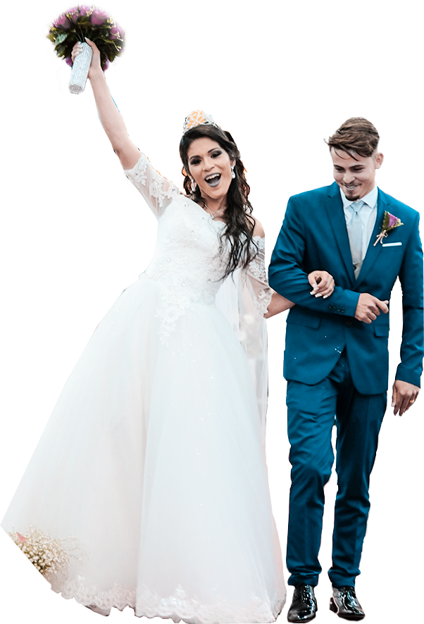 A joyous celebration at a wedding with the couple walking down the aisle.