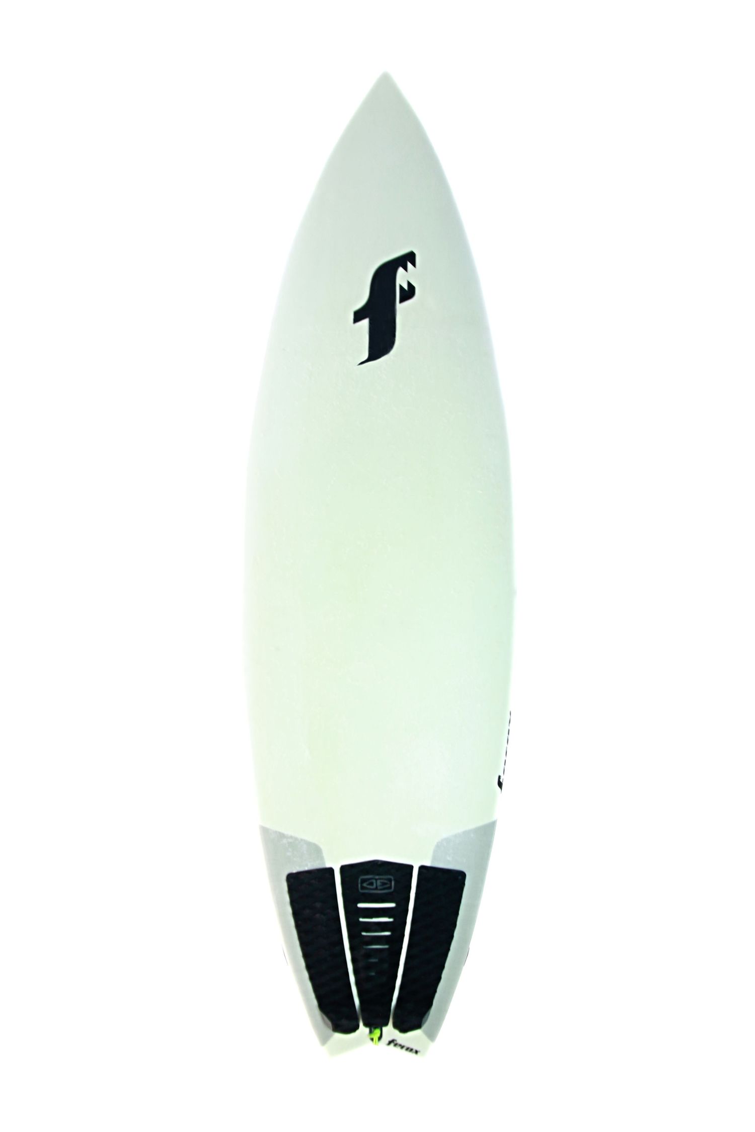 White surfboard with black fin logo and tri-fin setup against plain background.