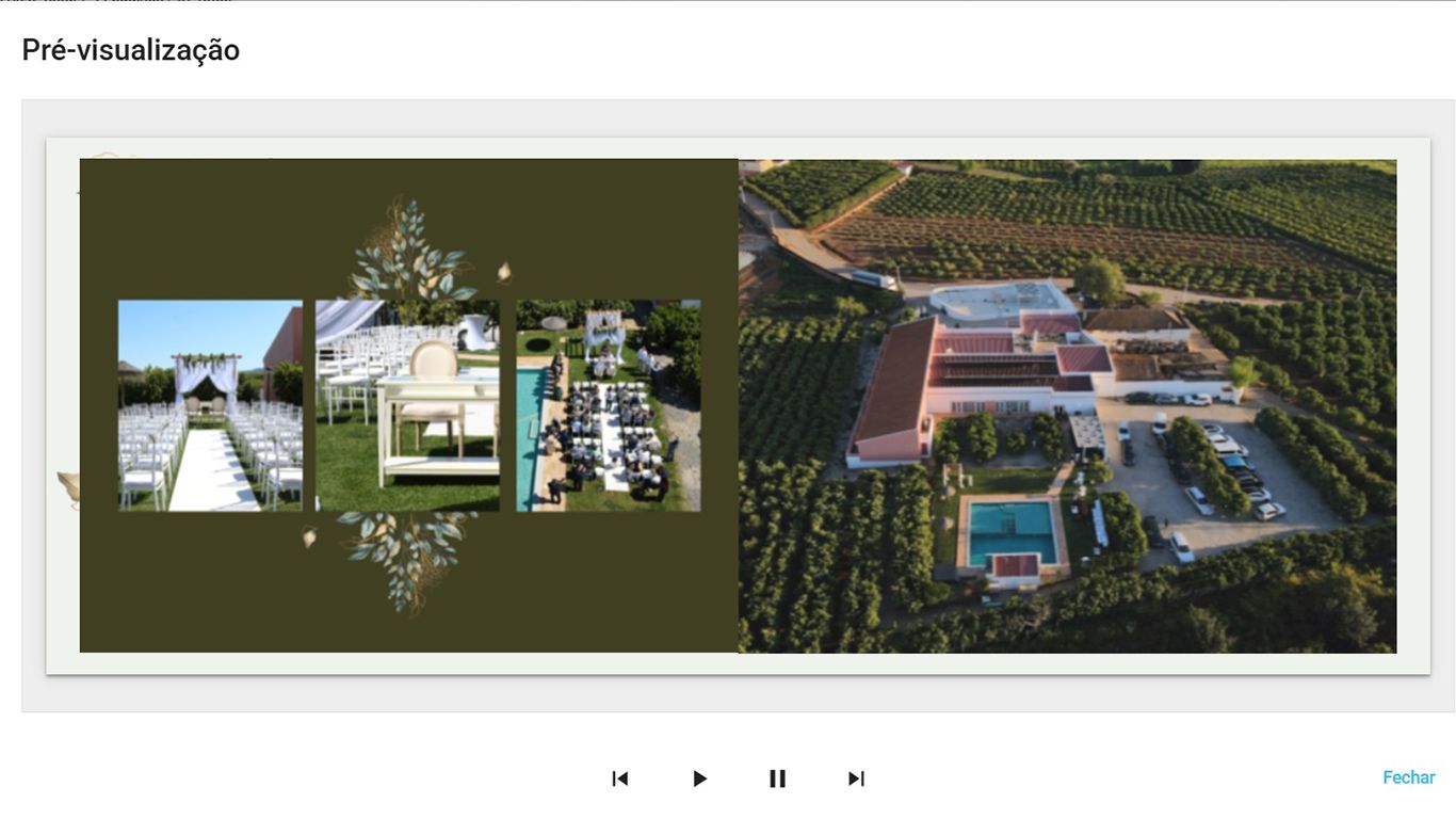 Wedding photo album preview showing venue aerial shots and ceremony details.