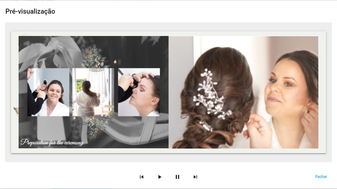 Bridal preparation photos showing delicate hair styling with floral accessories for a wedding day.