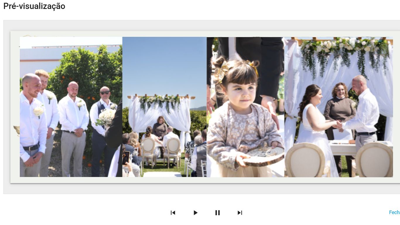 Four preview thumbnails from an elegantly decorated outdoor wedding ceremony with floral decor and white canopy.