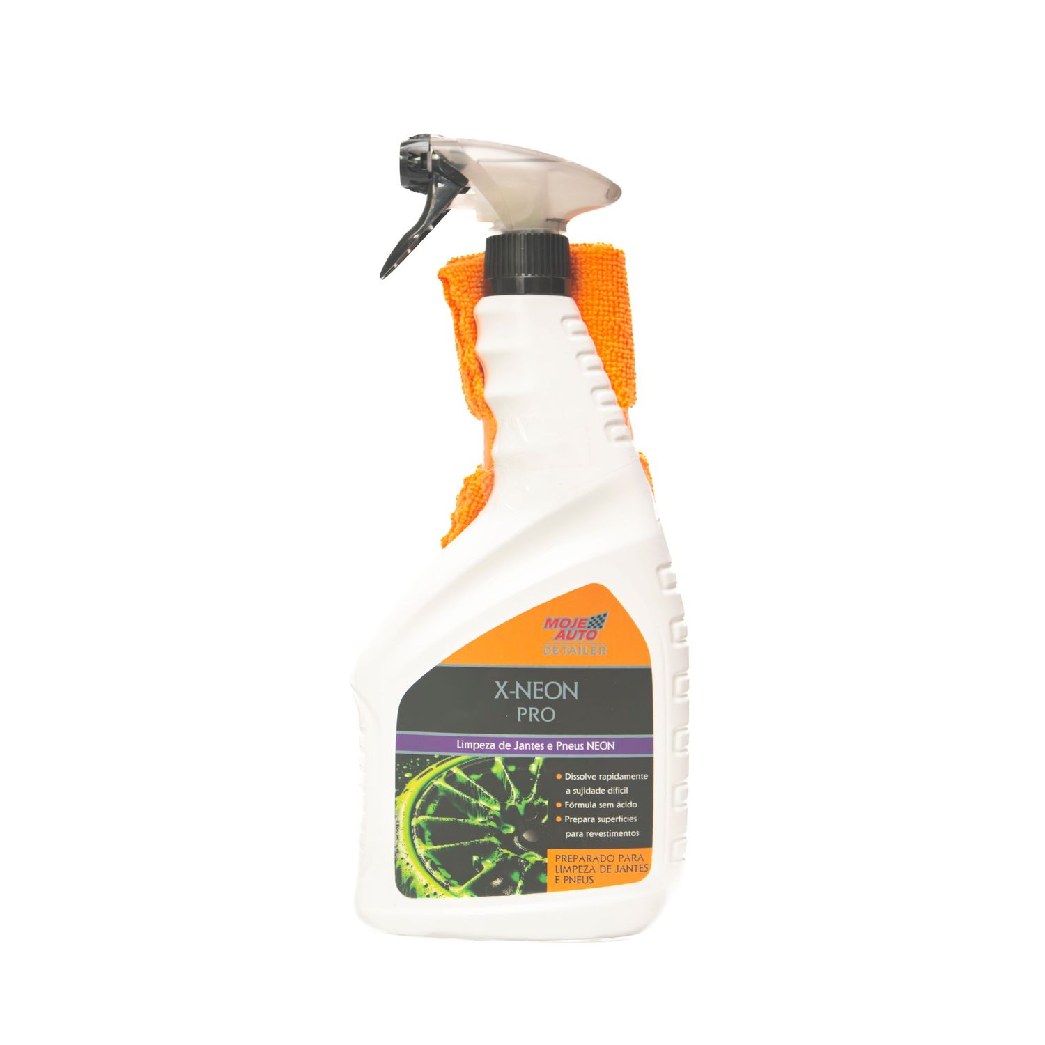 X-Neon Pro spray bottle with orange microfiber cloth, wheel and tire cleaning solution in white trigger sprayer.