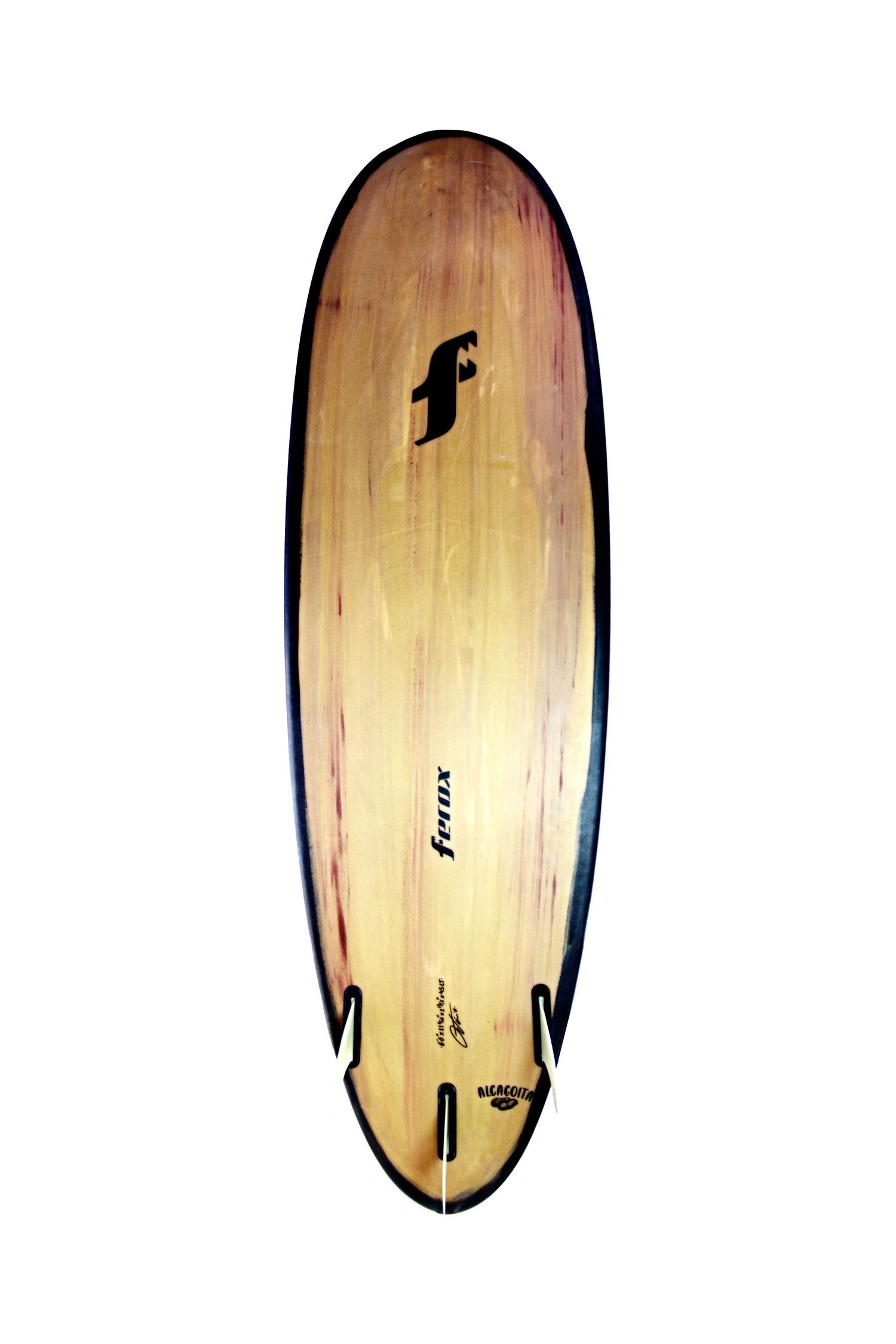 Set of wooden surfboards with dark edges shown in different angles.