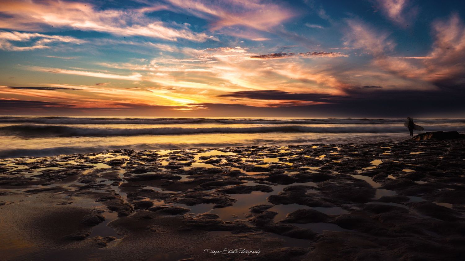 Panoramic sunset over tidal flats with dramatic orange sky and reflective water.