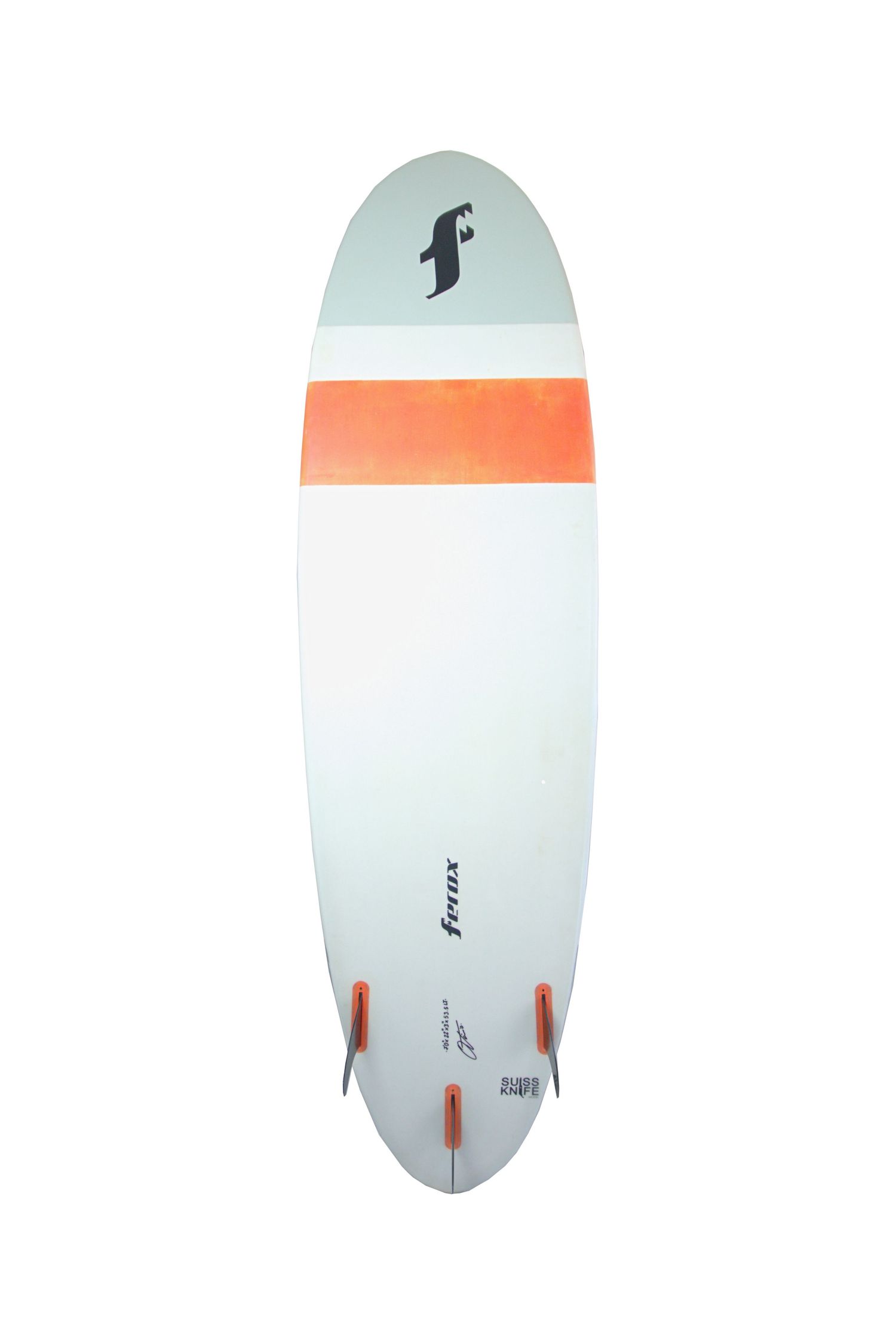 Four white surfboards with orange accents lined up in a row.