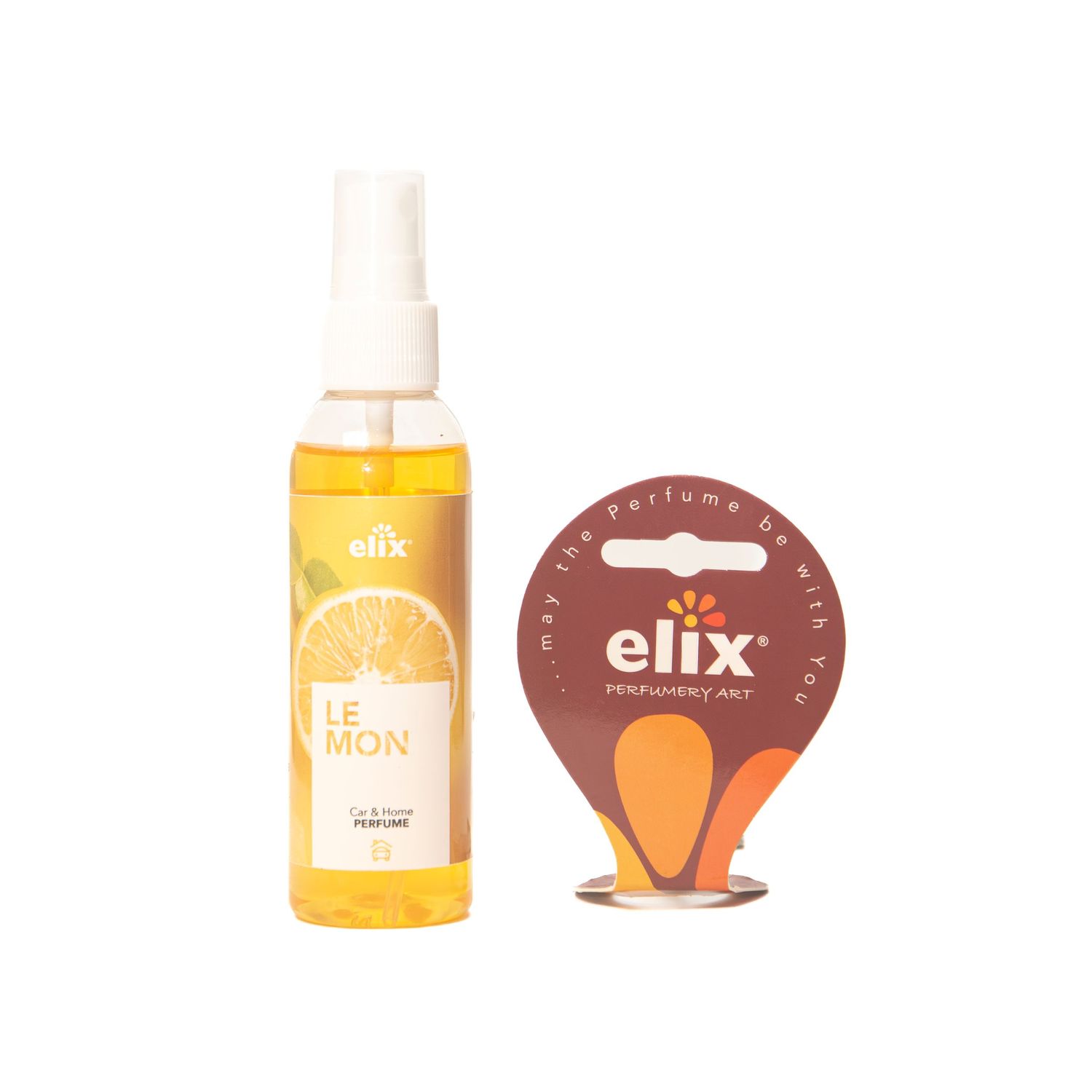 Elix Lemon eau de toilette perfume spray bottle with yellow citrus fragrance and a round car air freshener.