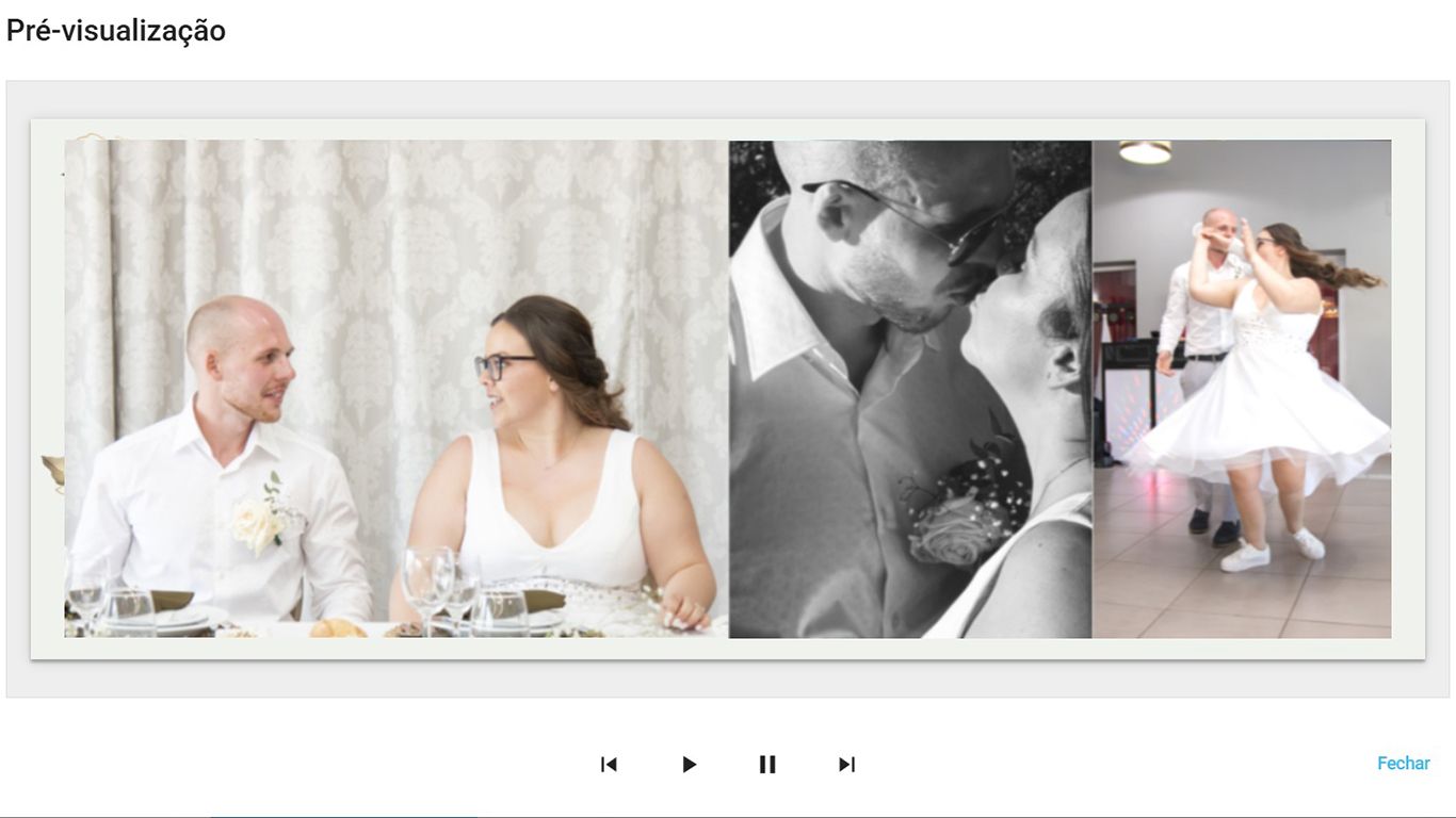 Three cropped wedding photos showing dining, dancing and romantic moments in black and white and color.