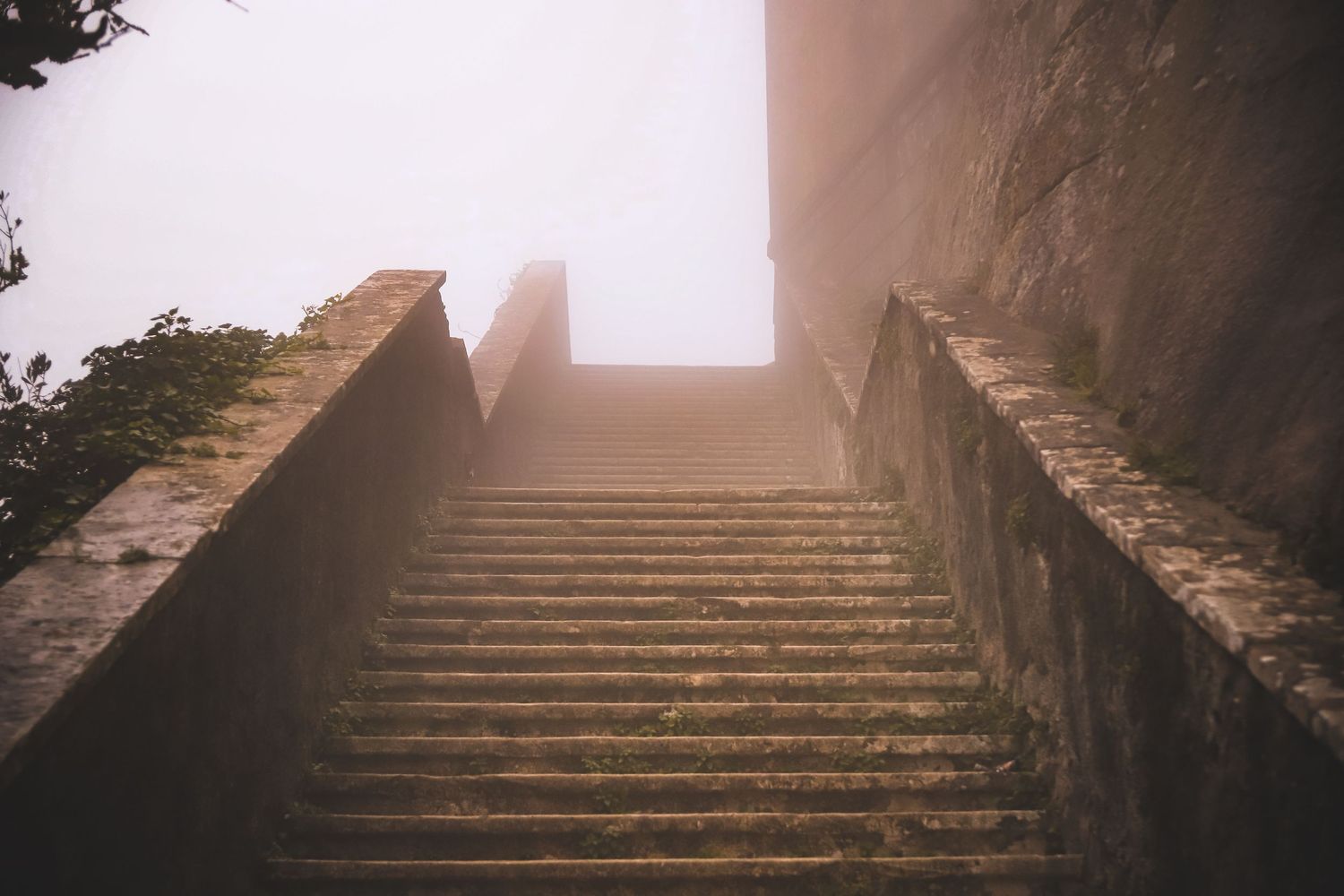 Stone stairs leading upward into bright foggy light with stone walls on both sides and vegetation peeking through.