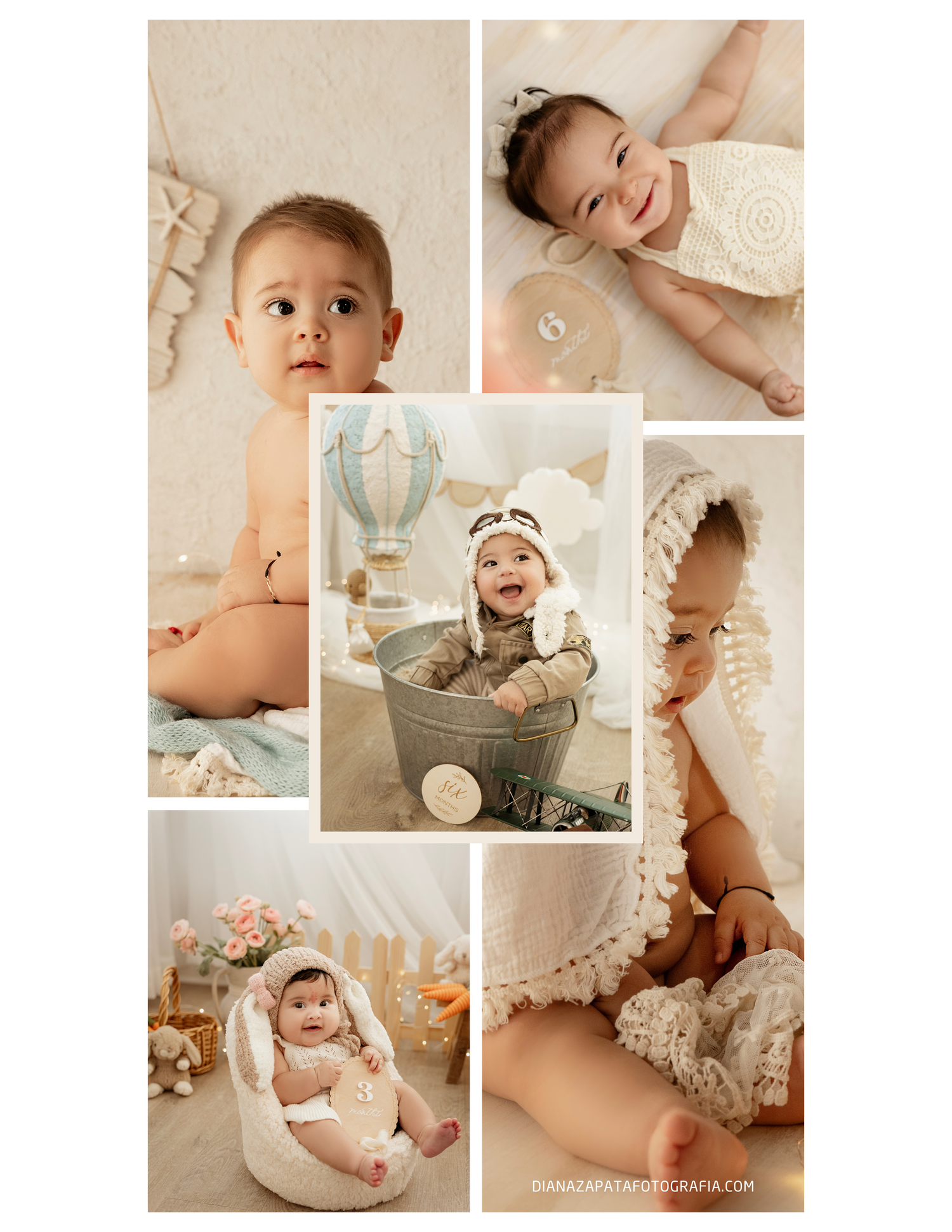A sweet baby photo collage featuring an infant in cream crochet outfits with a hot air balloon bucket prop.