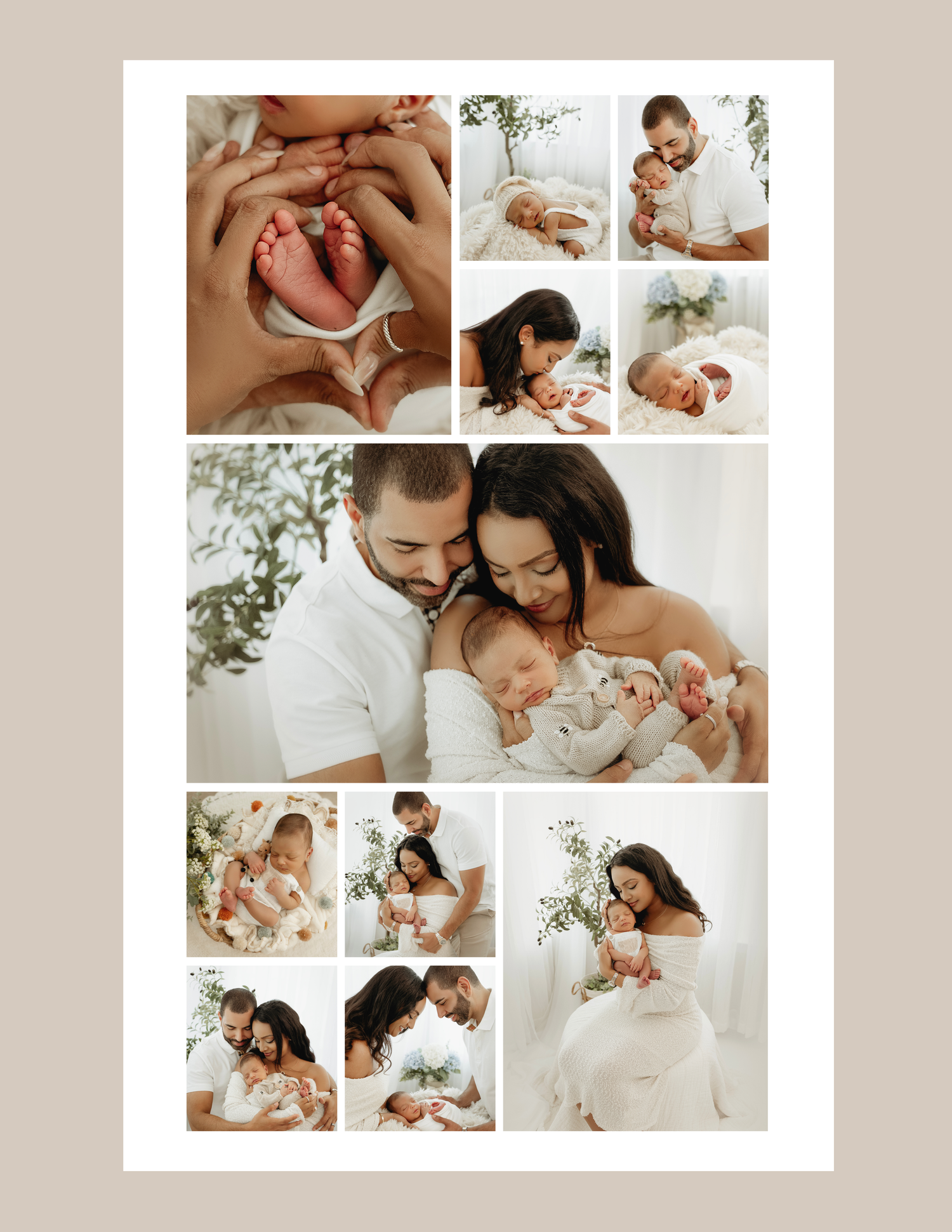 A beautiful newborn photo collage featuring a family with their baby, showcasing tender moments in soft, natural light.