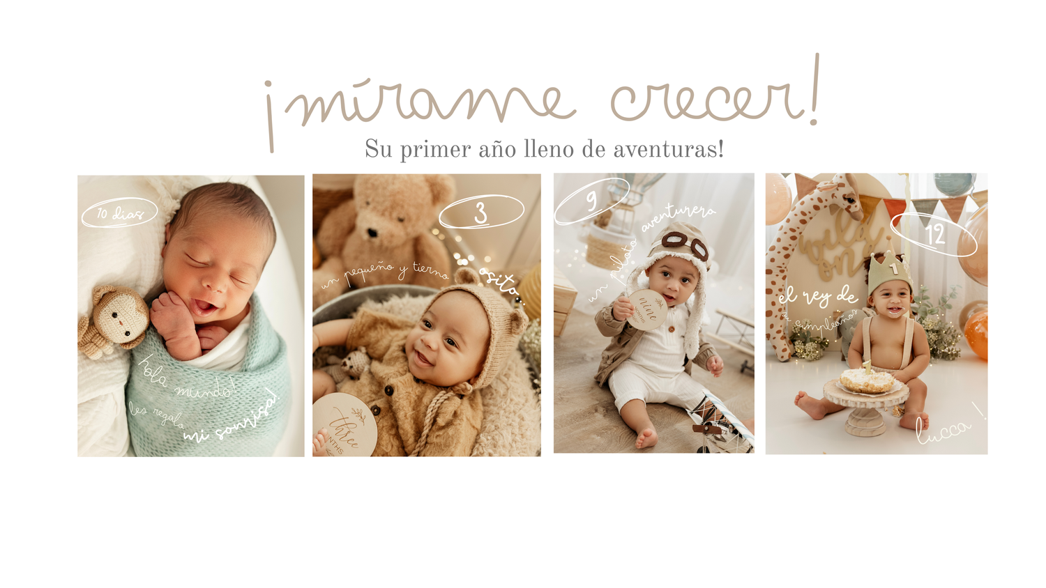 Collage of four baby milestone photos with Spanish text celebrating a first year of adventures, featuring newborn to toddler stages.