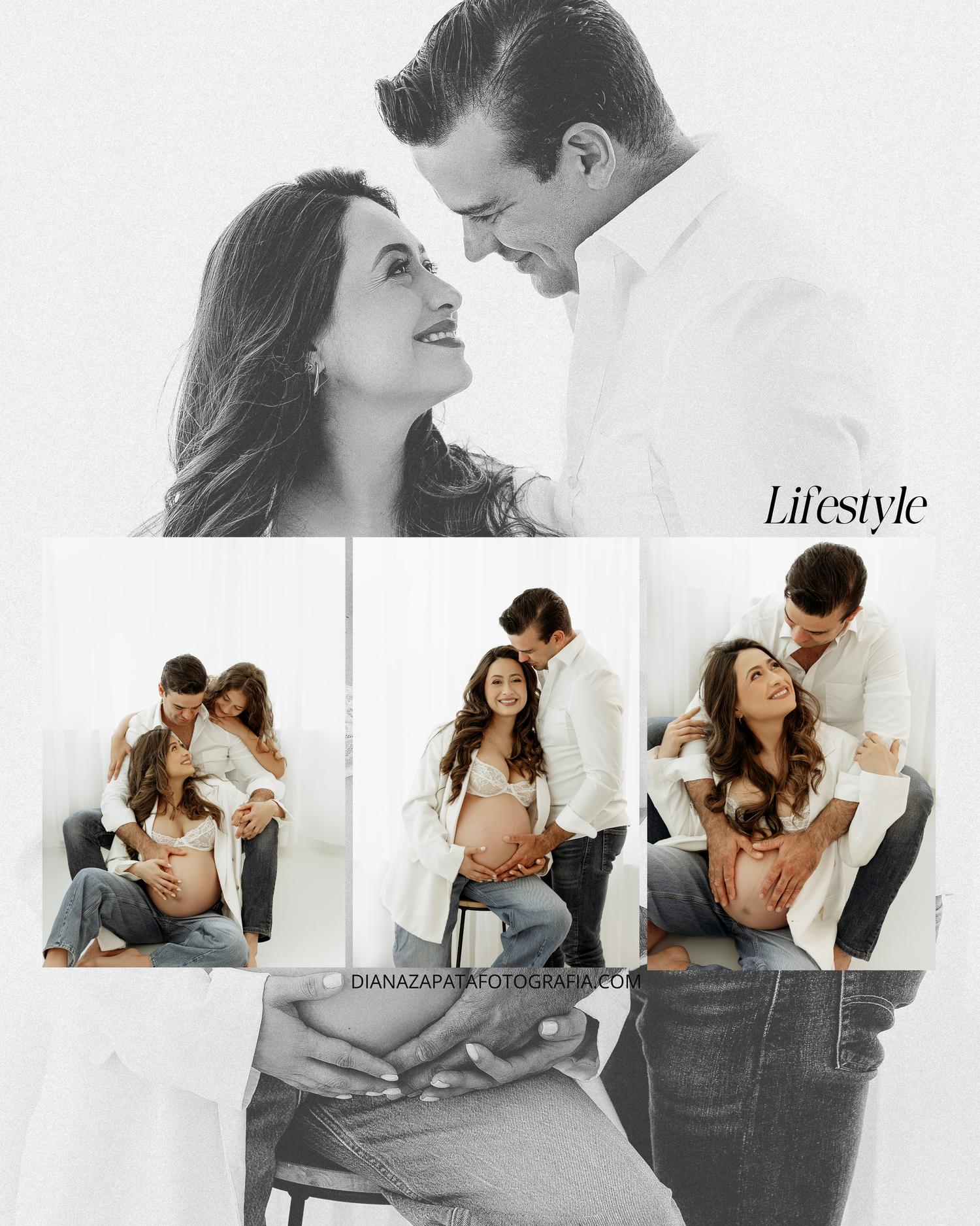 Elegant black and white maternity photo collage featuring a couple in intimate poses, with the woman in jeans cradling her baby bump.