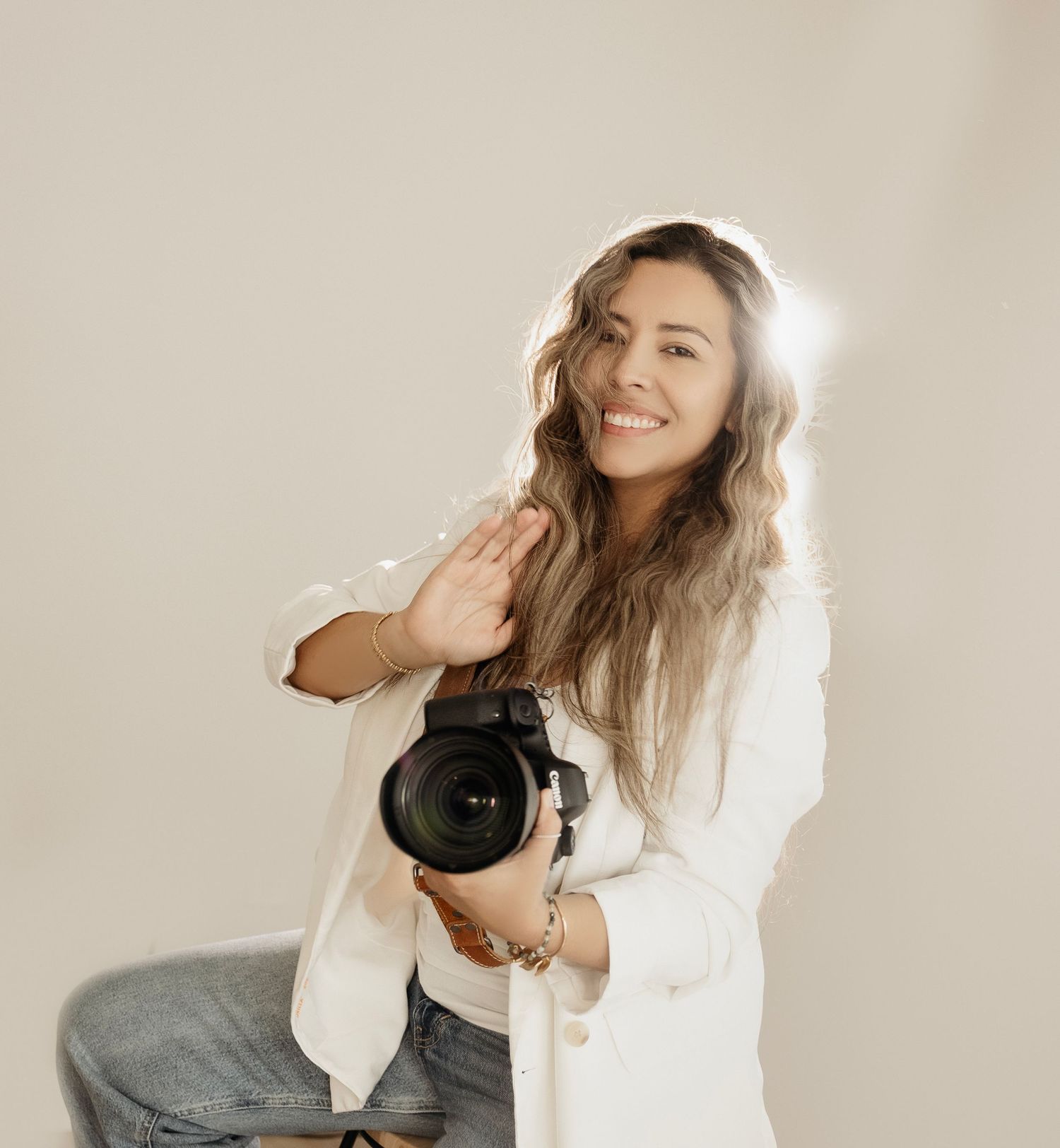 Professional portrait photography session showing poses with natural light against white background.