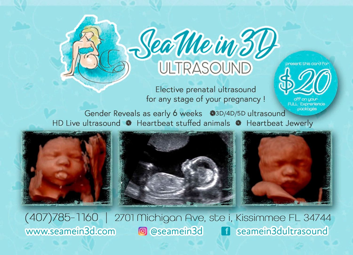Medical ultrasound clinic banner with teal and white colors advertising pregnancy ultrasound services and pricing.