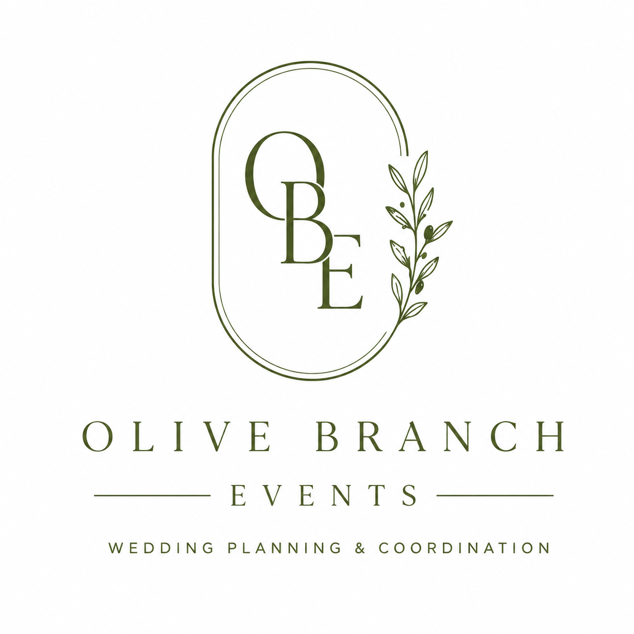 Olive Branch Events wedding planning and coordination logo with elegant OBE monogram and olive branch botanical design.
