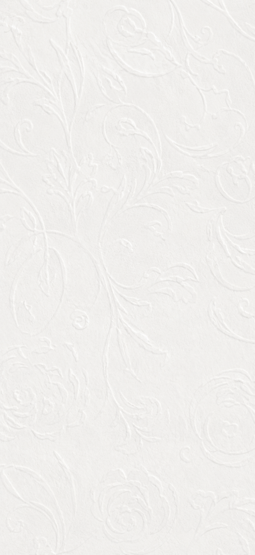 White embossed wallpaper featuring elegant floral and swirl patterns with a subtle raised texture design.