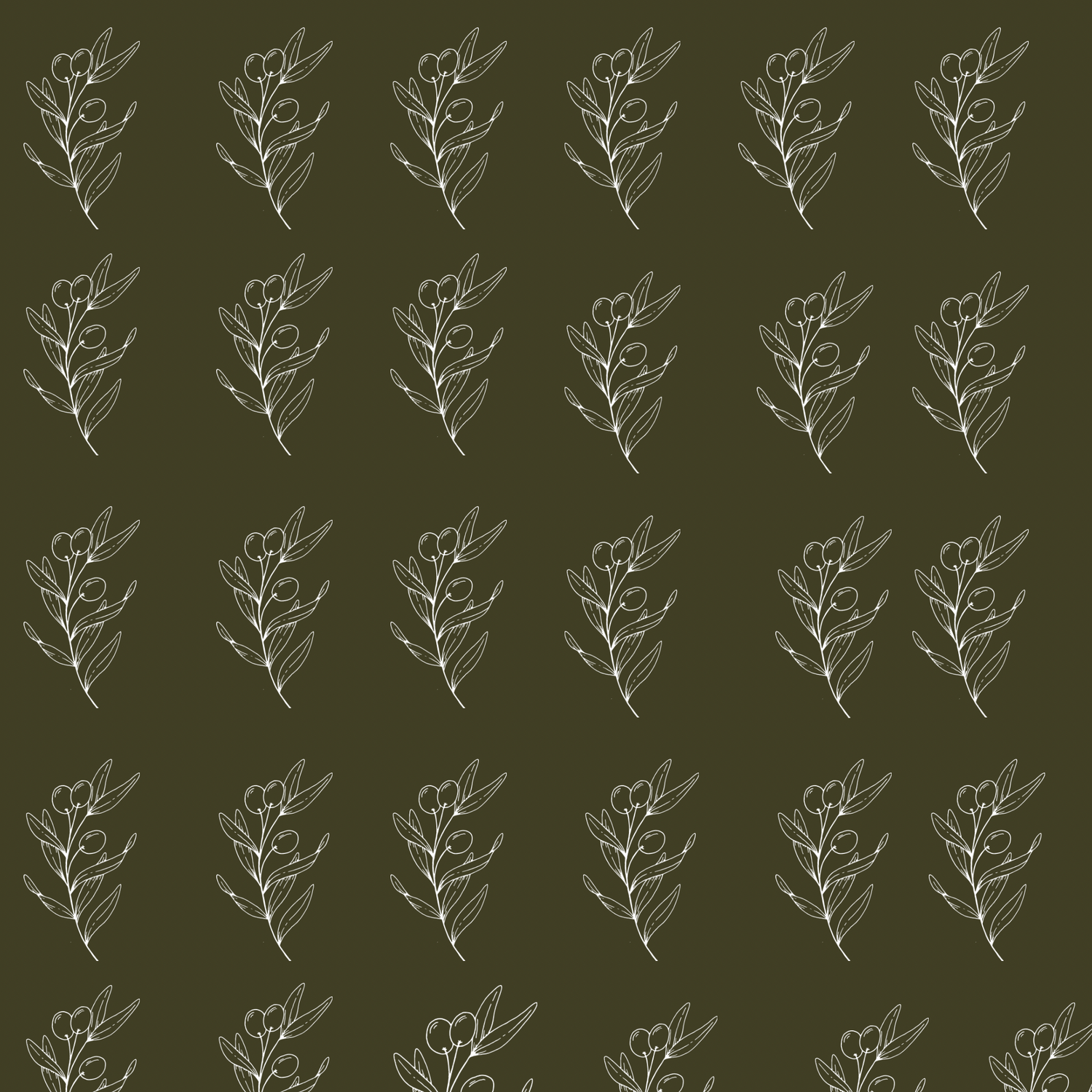 Olive green botanical pattern with delicate white line-art leaf sprigs arranged in uniform rows.