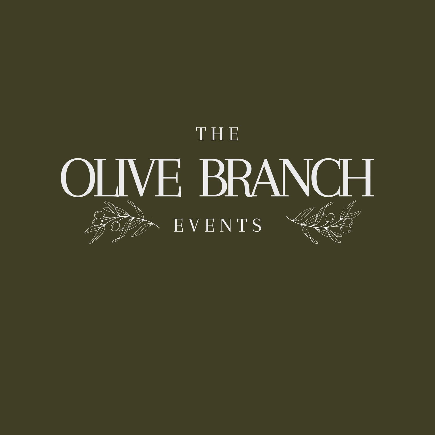 The Olive Branch Events logo on olive green background with elegant white serif typography and botanical branch illustrations.