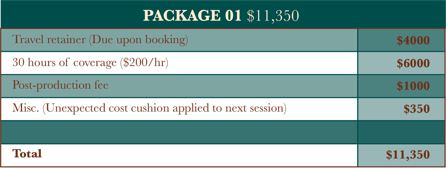 Photography package 01 pricing table showing $11,350 total with travel retainer, 30 hours coverage, post-production, and misc fees.