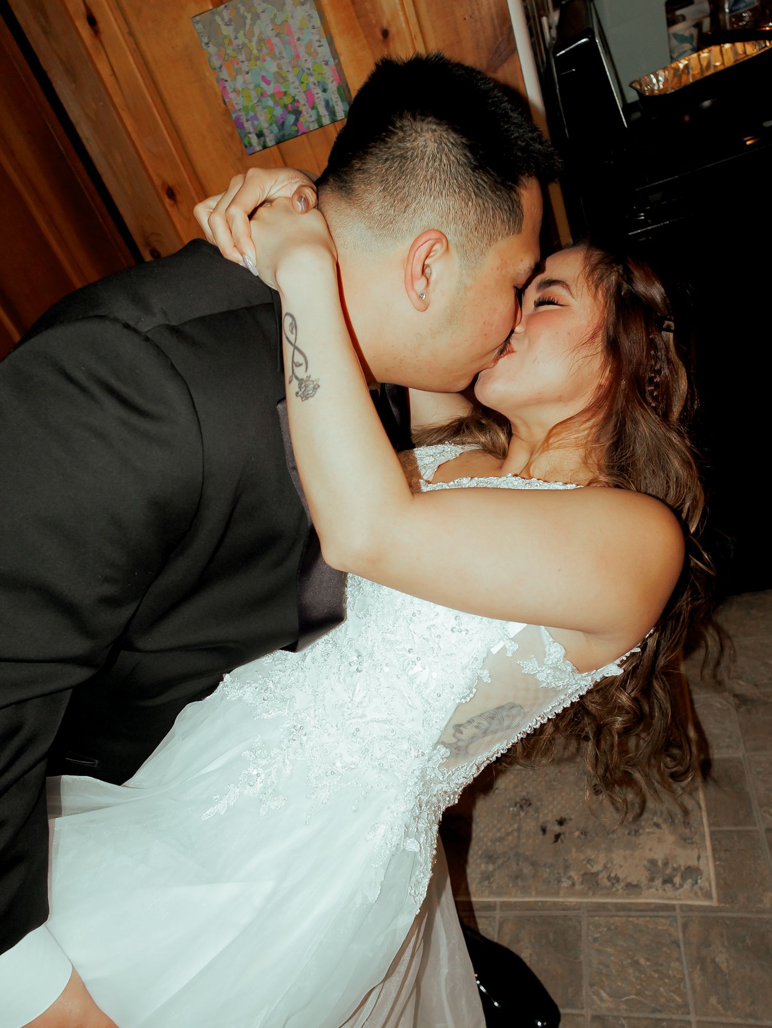 A romantic wedding photo sequence showing a couple sharing intimate kisses in formal attire.