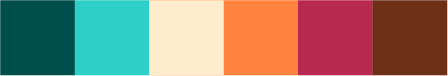 A color palette featuring teal, turquoise, cream, coral orange, crimson pink, and dark brown swatches.