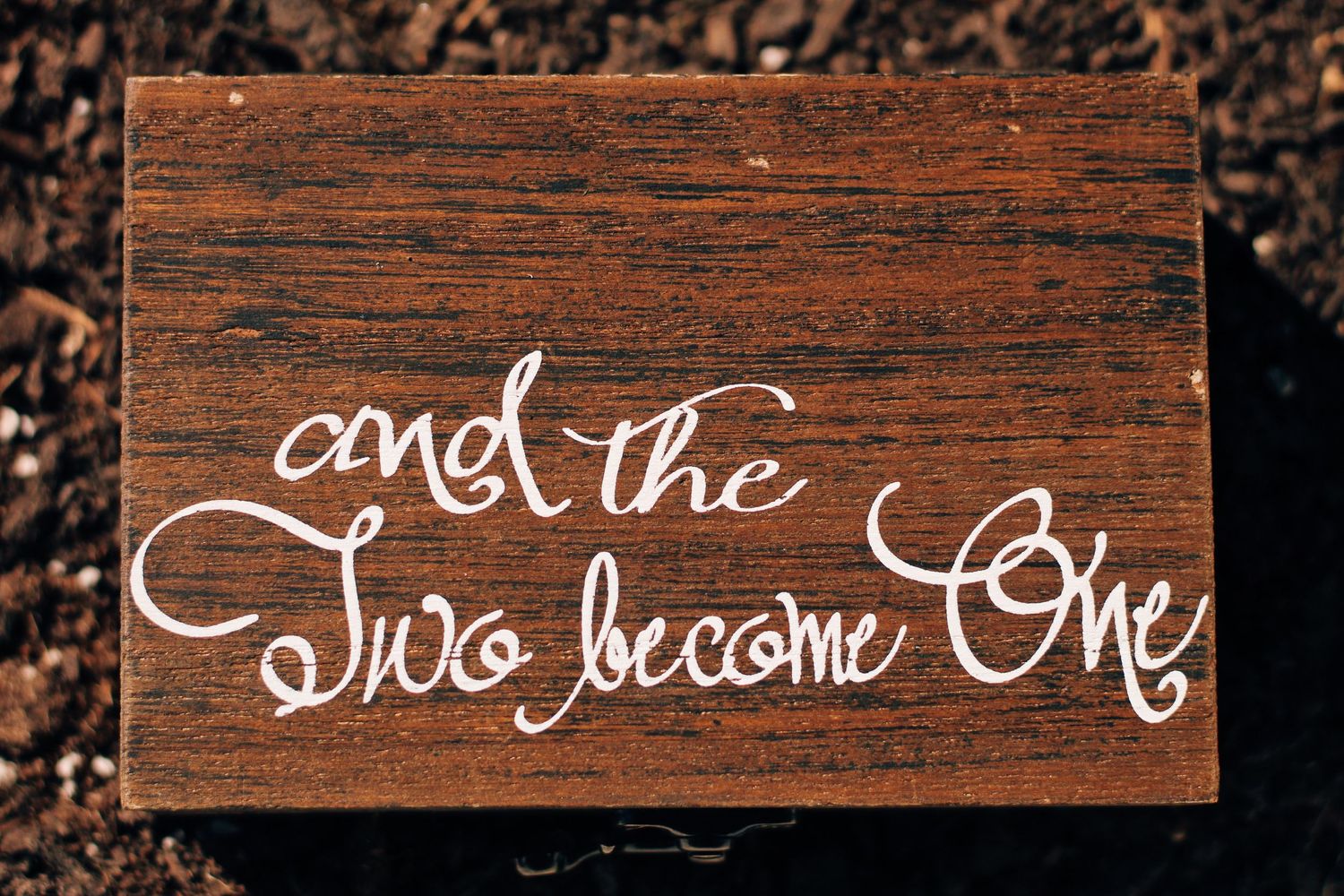 Wooden sign with white cursive text reading 'and the Two become One'.