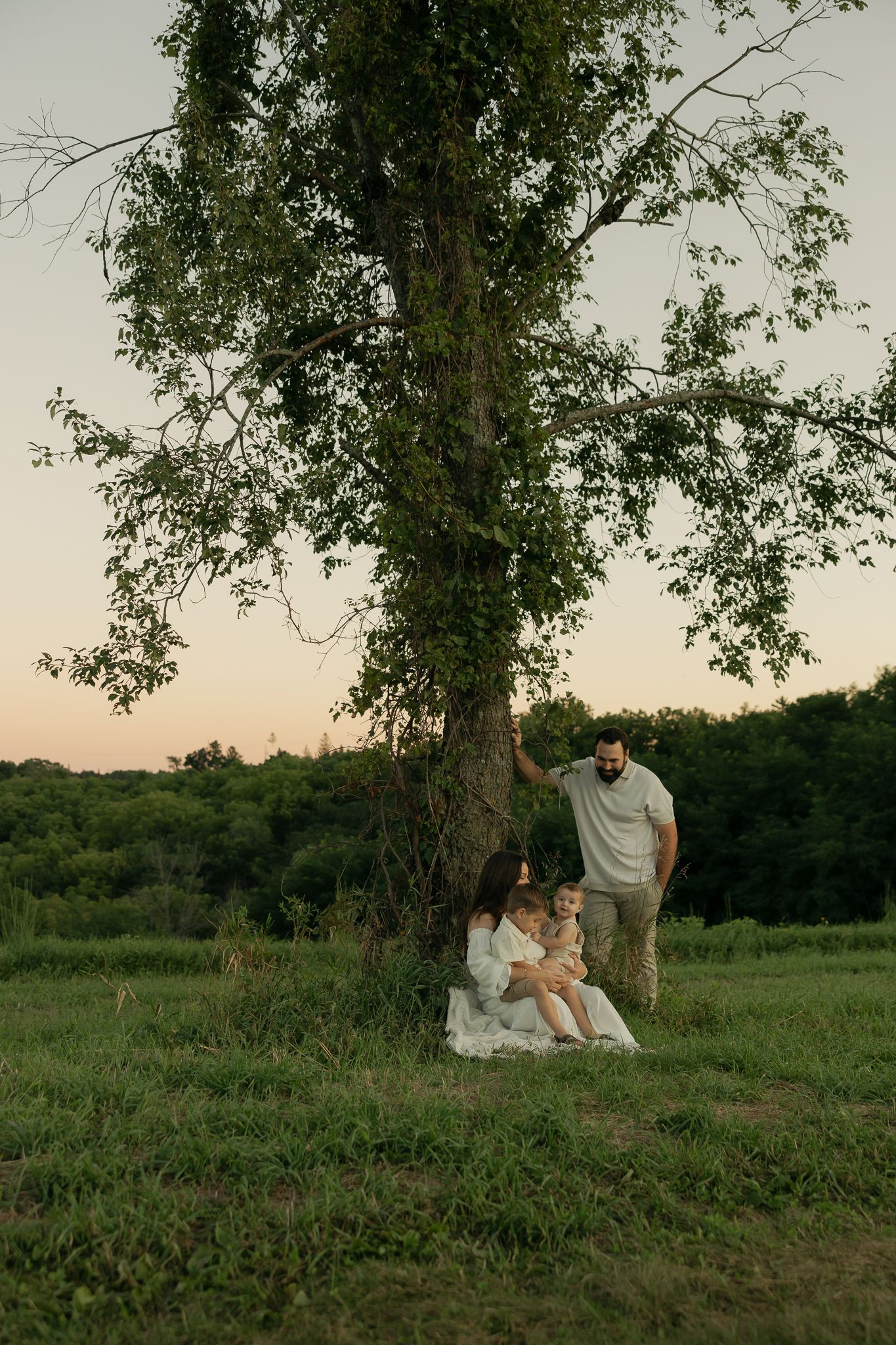 Family portrait session in a serene meadow setting during sunset with large tree backdrop.
