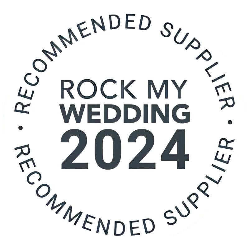 Circular black and white badge for 'Rock My Wedding 2024 Recommended Supplier'.