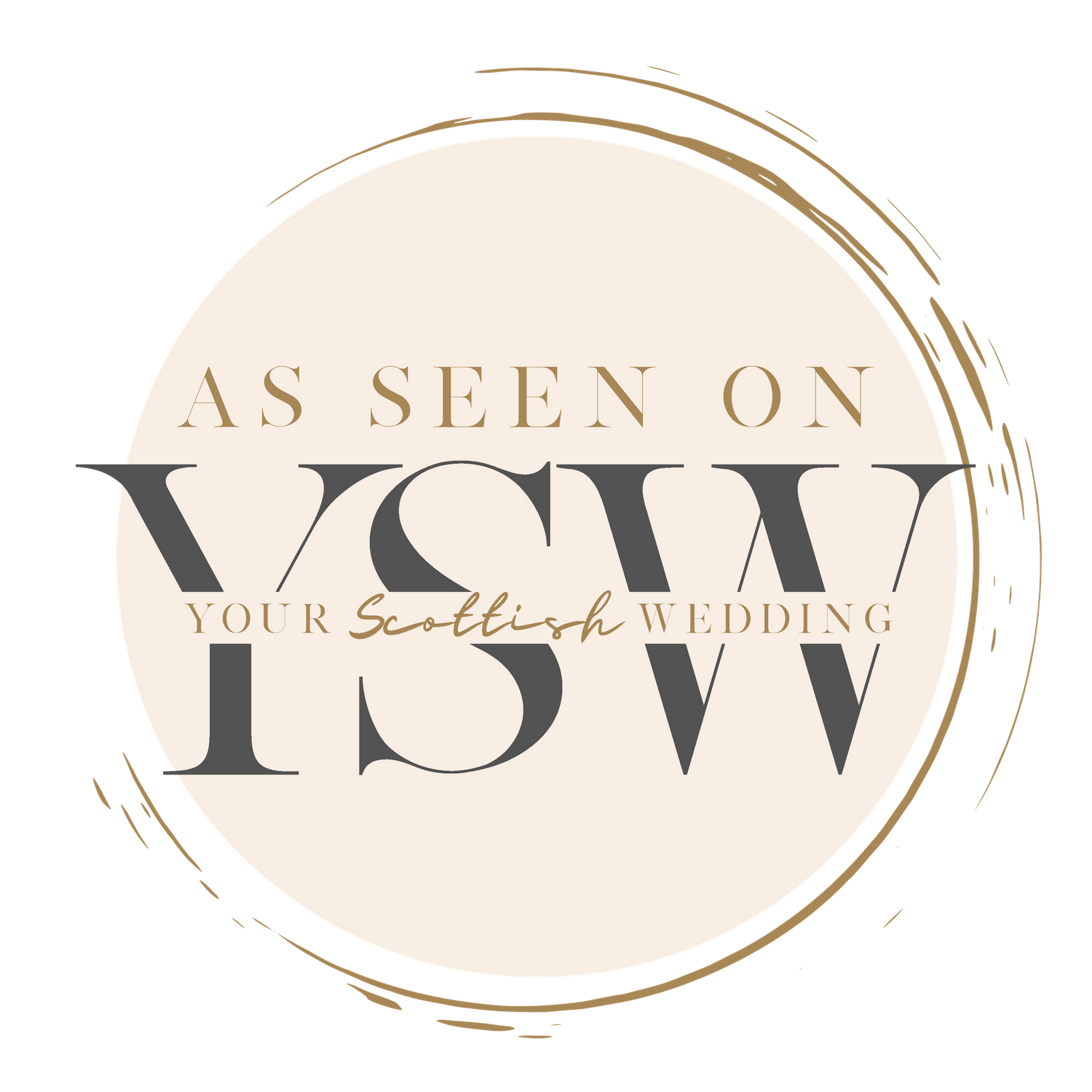 Elegant circular logo with gold accents reading 'As Seen on Your Scottish Wedding'.