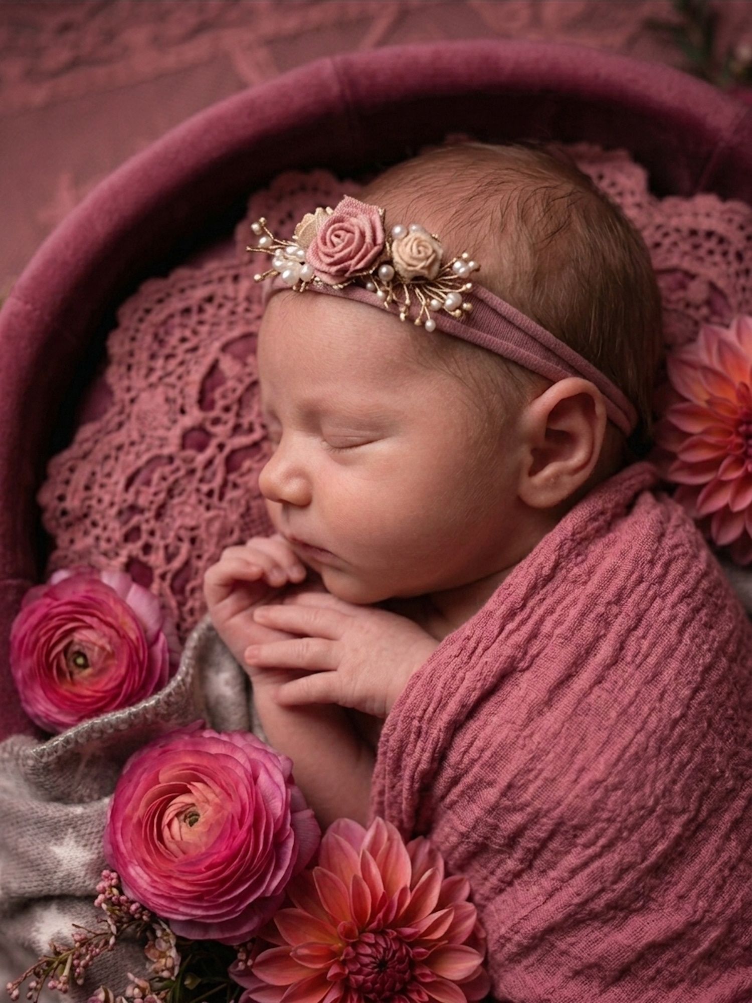 Sleeping newborn baby girl wrapped in pink with floral headband and flowers in a decorative basket.