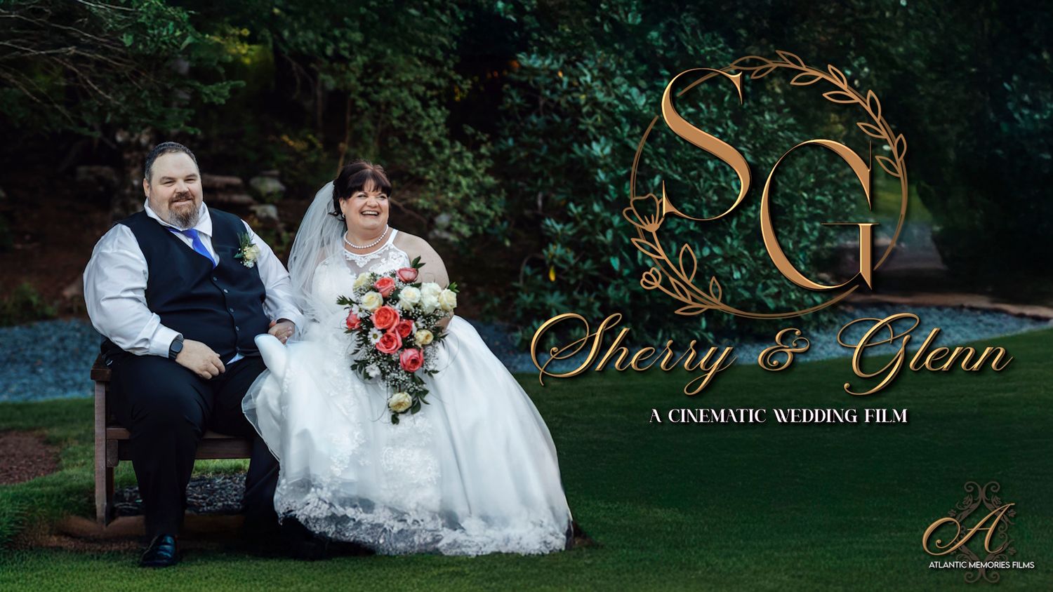Nova Scotia cinematic wedding film title card featuring the couple in formal attire on a lush green garden backdrop.