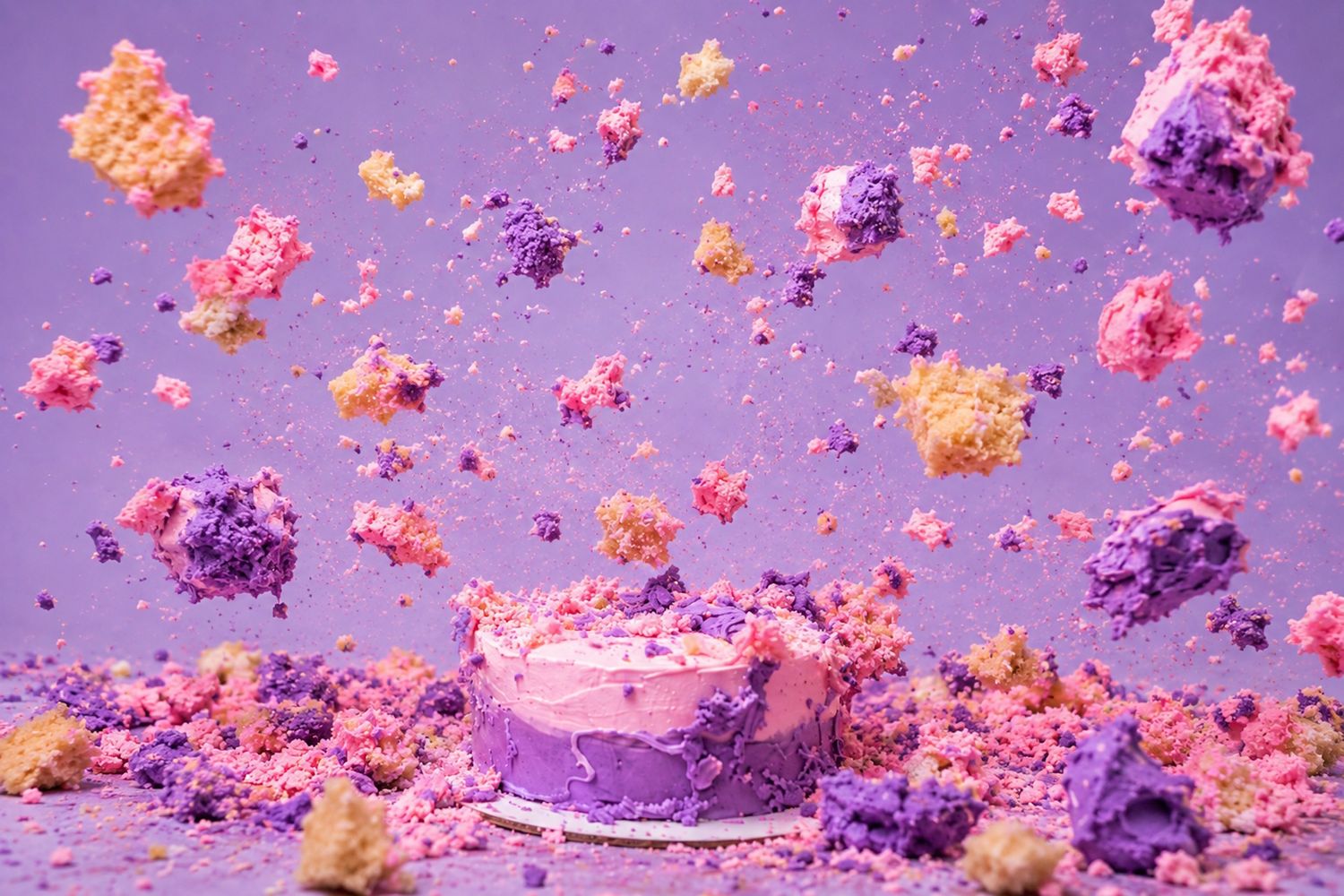 A vibrant purple birthday cake surrounded by exploding pink and yellow frosting chunks against a purple background.