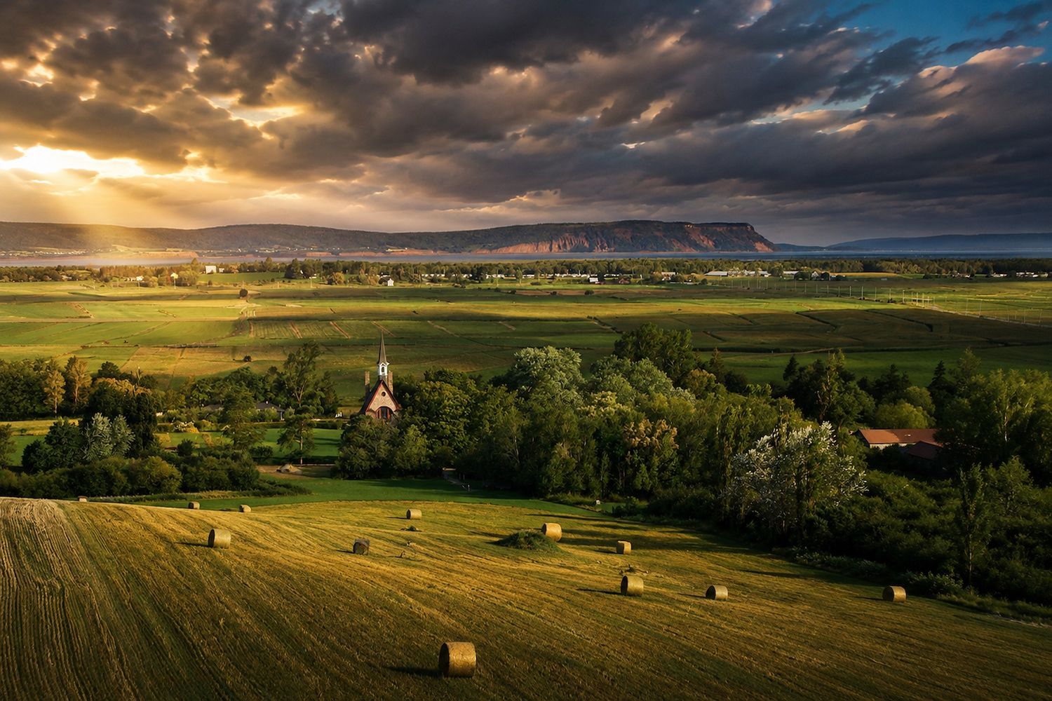 Annapolis Valley Aerial view of golden hay bales in a harvested field at sunset with a church, trees, and mountains in the background.