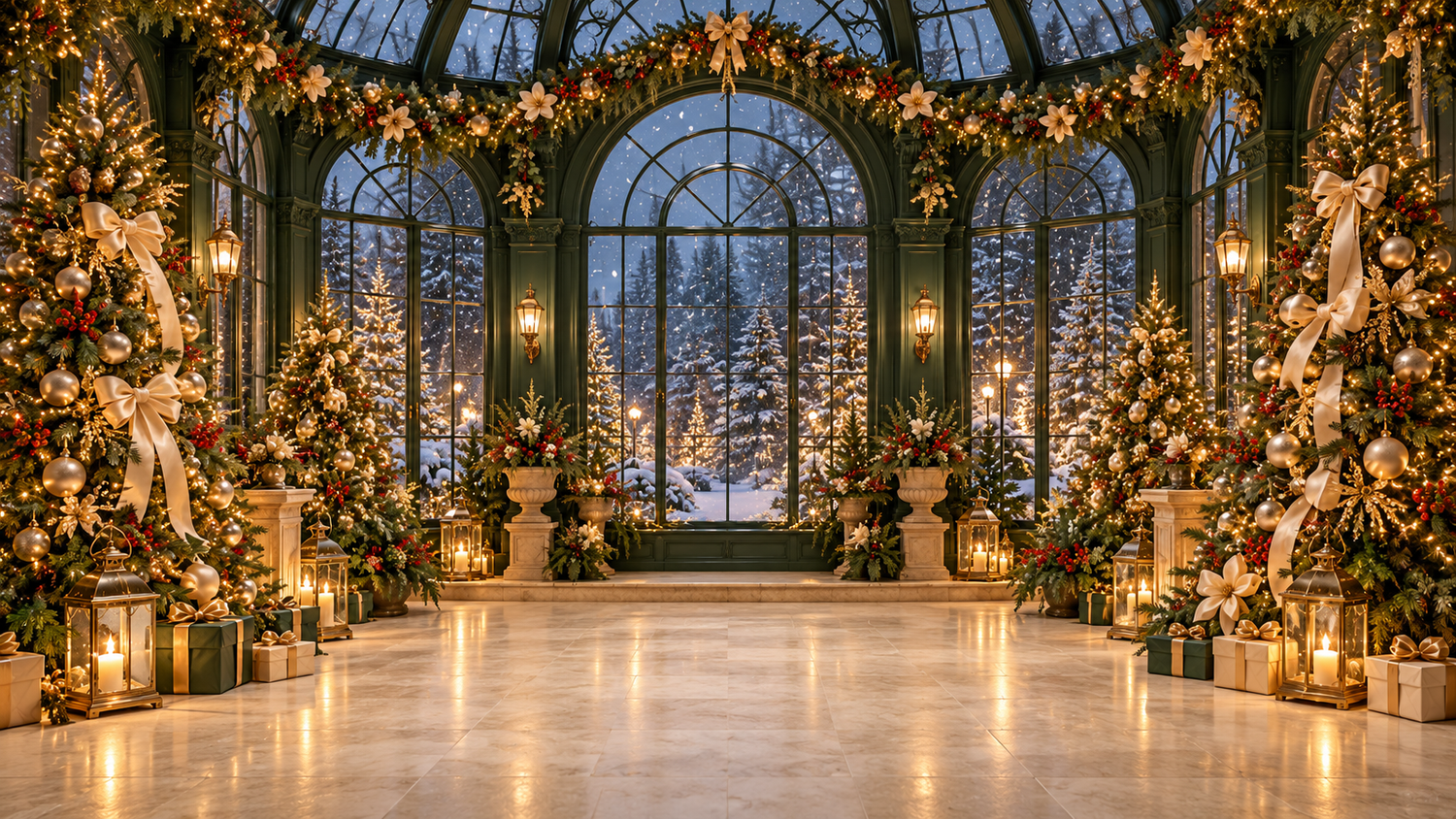 Elegant Christmas ballroom with decorated trees, glowing lanterns, garlands and tall arched windows overlooking a snowy forest.