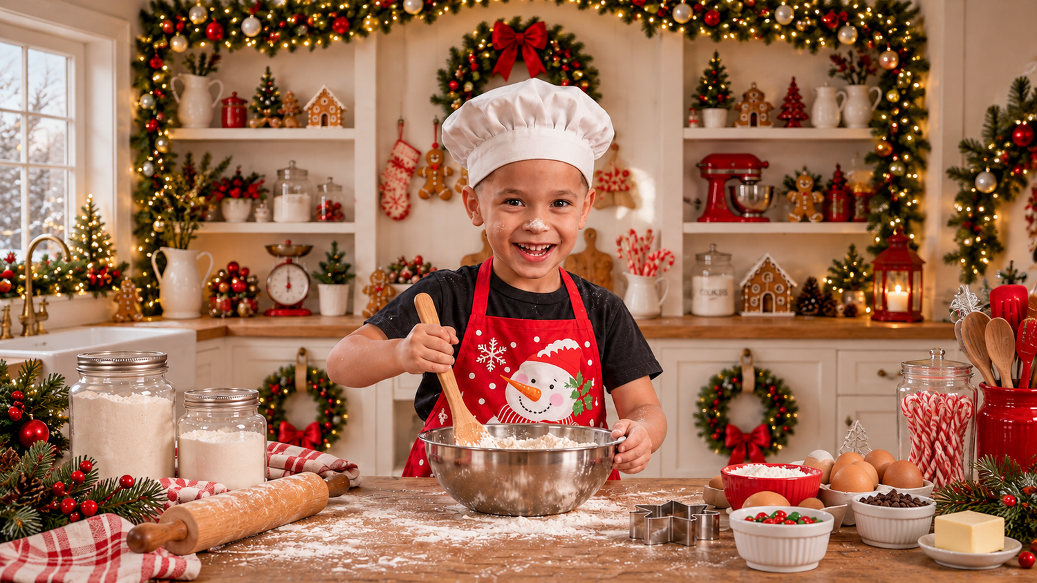 Smiling child in a chef hat and Santa apron mixes dough in a metal bowl in a festive Christmas kitchen with garland and baking supplies.