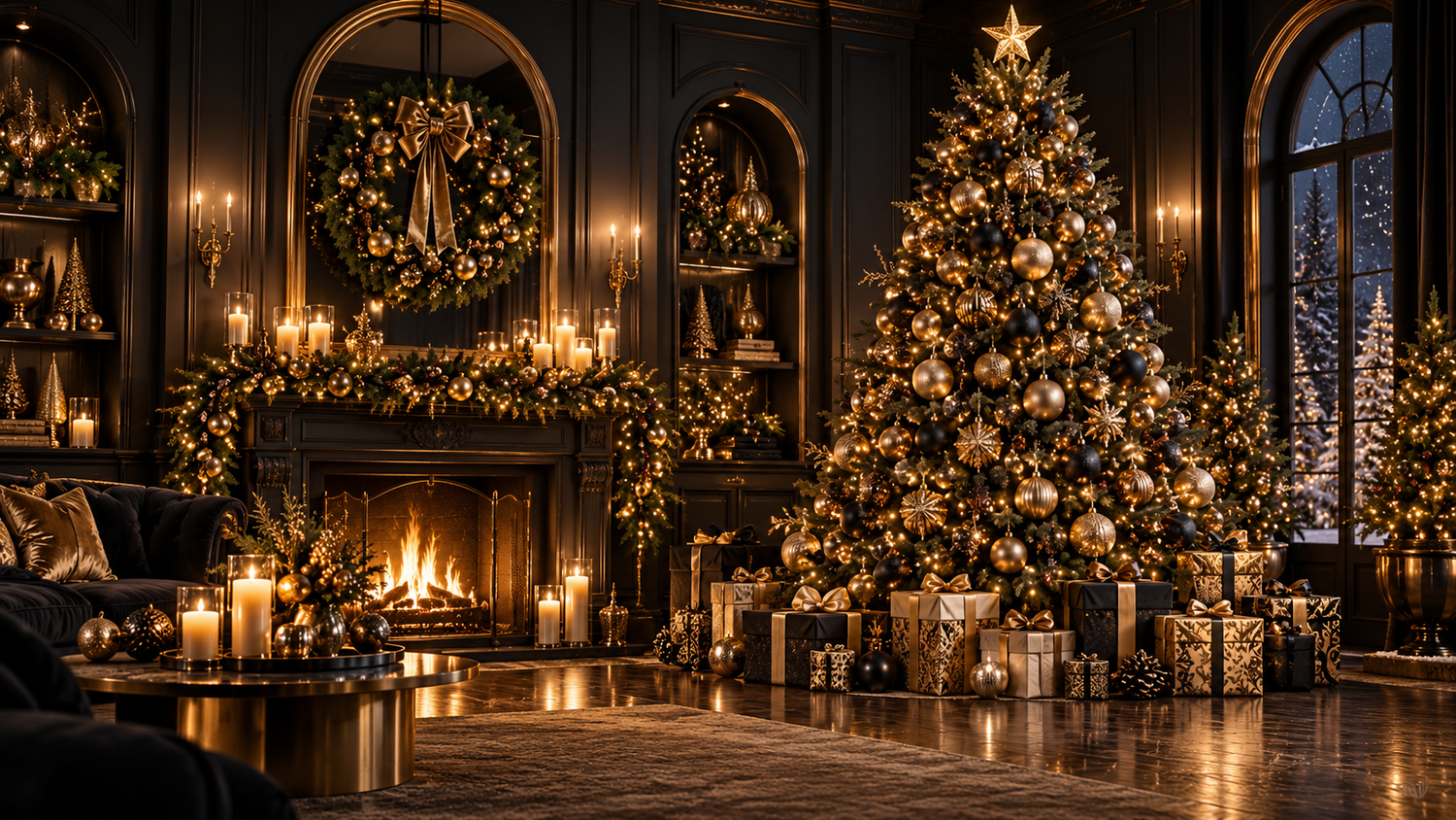 Elegant living room with a glowing fireplace, a decorated Christmas tree, gold ornaments, wrapped gifts, garlands and candles at night.