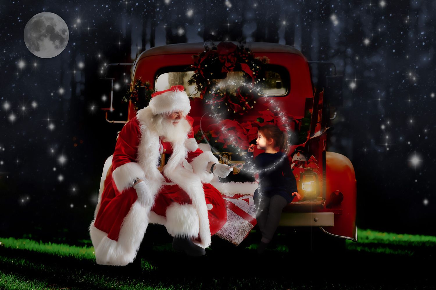 Santa Claus in a red suit sits at the back of a vintage red truck with a Christmas wreath, sharing a magical moment with a child under a sta