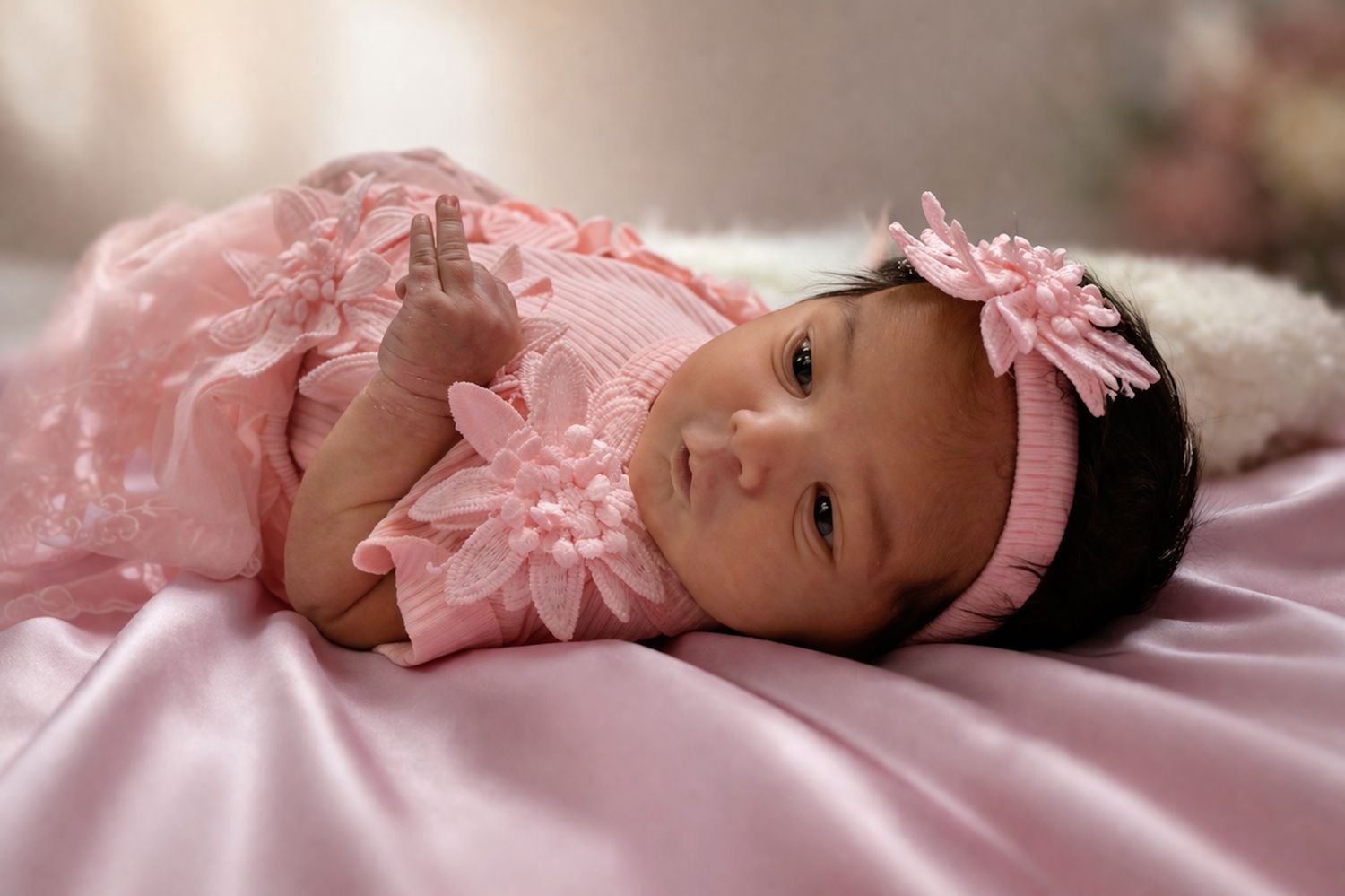 Tantallon ns Newborn baby girl in pink floral outfit and headband lying on pink satin fabric in a professional portrait.
