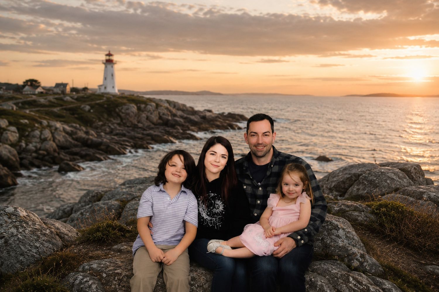Halifax Family of four posing at sunset near a lighthouse on rocky coastal shores ns.