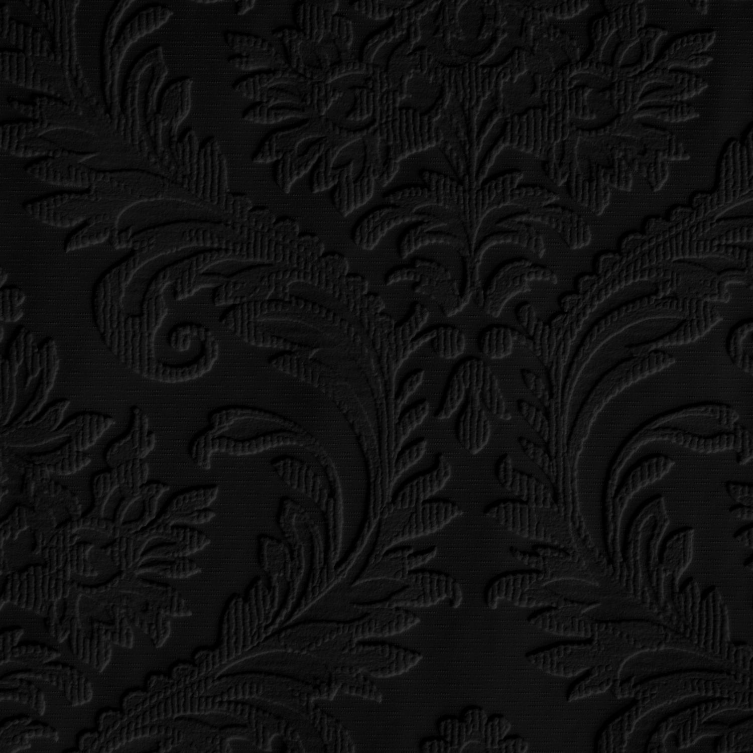Black embossed damask pattern with ornate floral and leaf motifs on textured fabric surface.