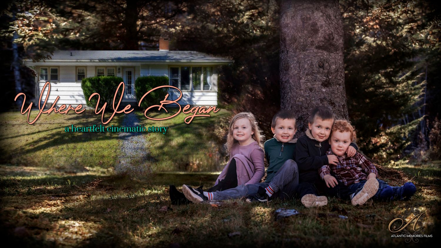 Four children sitting together under a large tree in a yard with a house in the background, overlaid with cursive text.