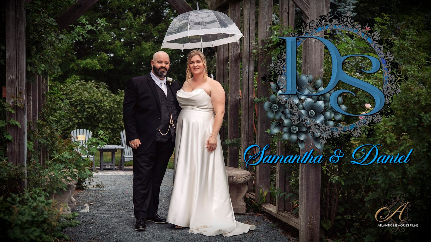 Samantha and Daniel wedding portrait, bride in white gown with umbrella, groom in tuxedo, outdoor venue.