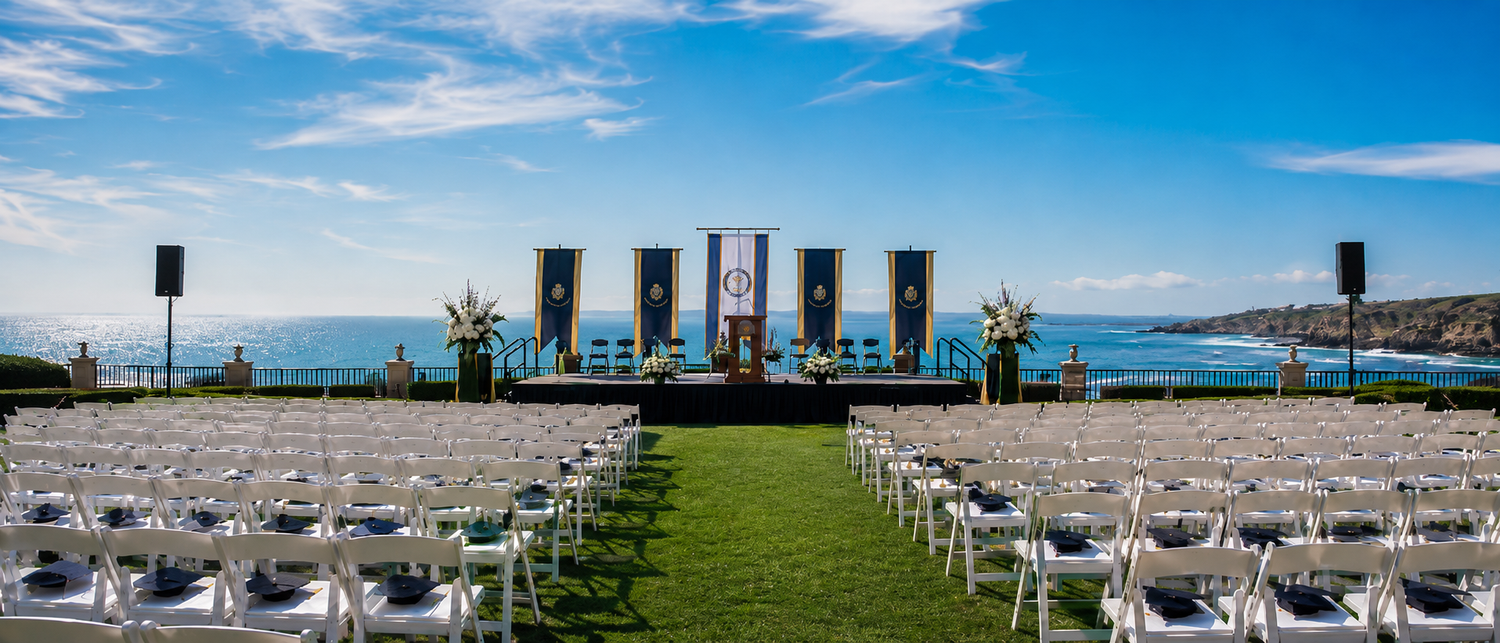 Outdoor graduation ceremony venue overlooking the Atlantic Ocean